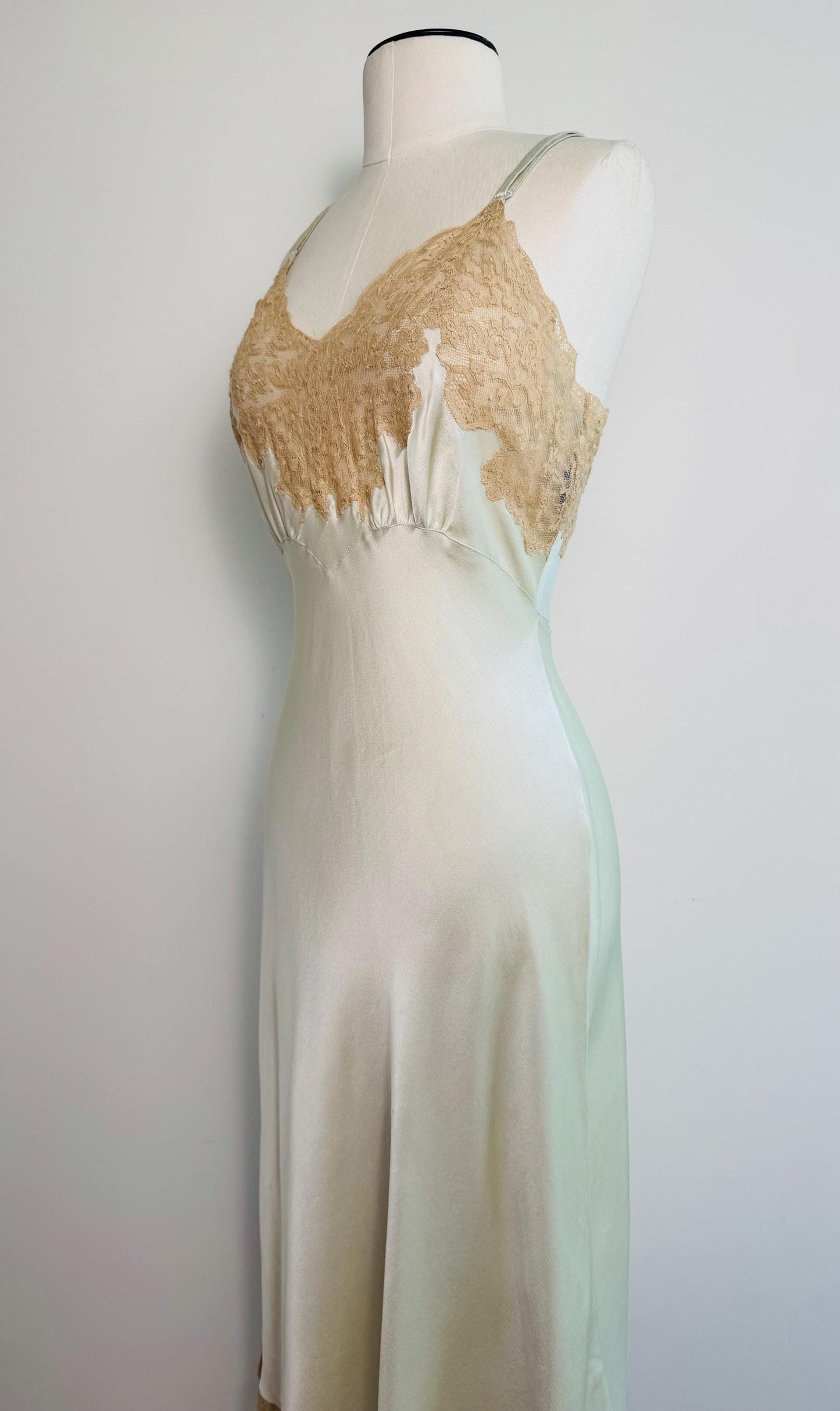 40s Heavenly Fischer Silk and Lace Pale Mint Green Slip