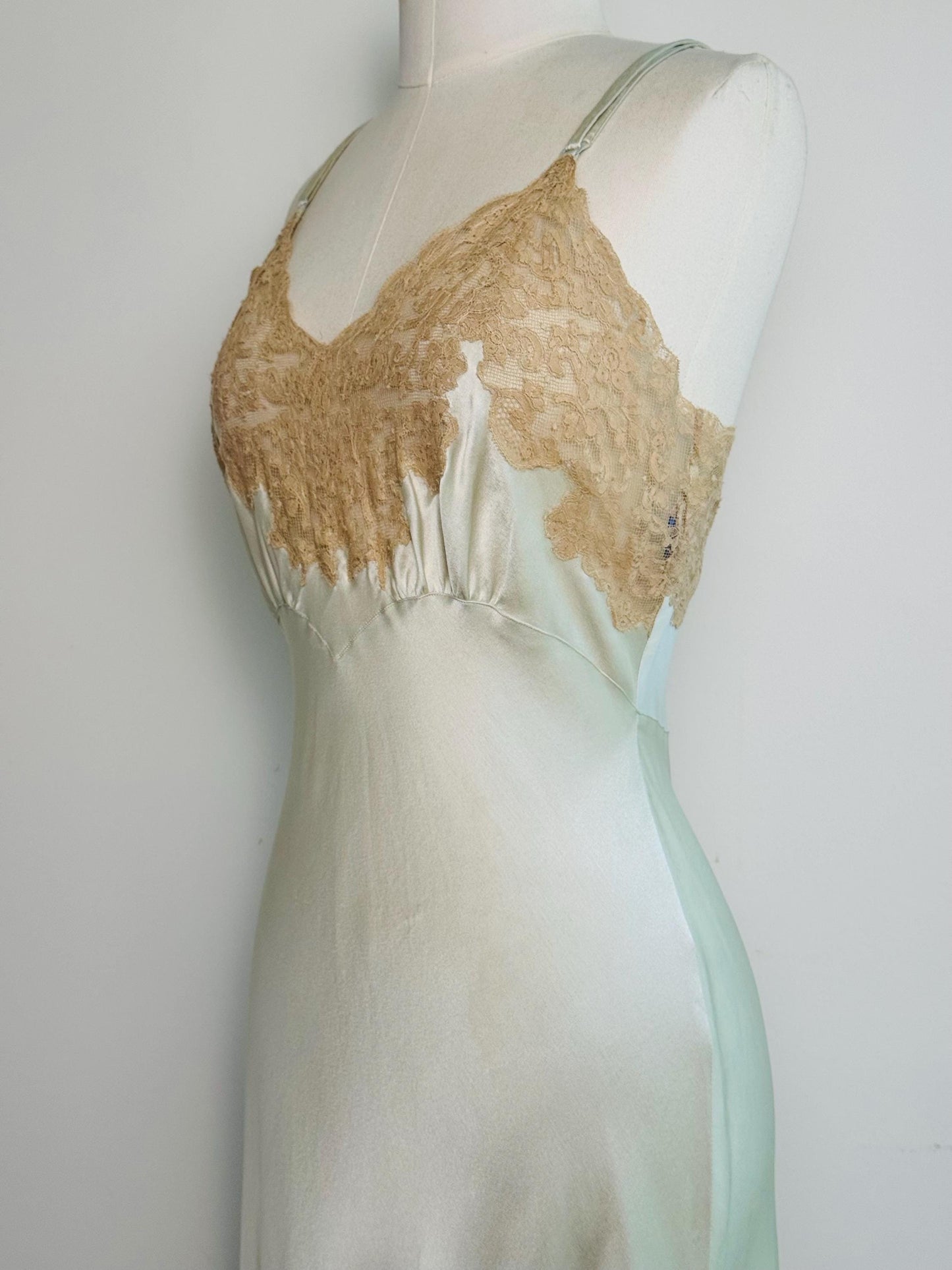 40s Heavenly Fischer Silk and Lace Pale Mint Green Slip