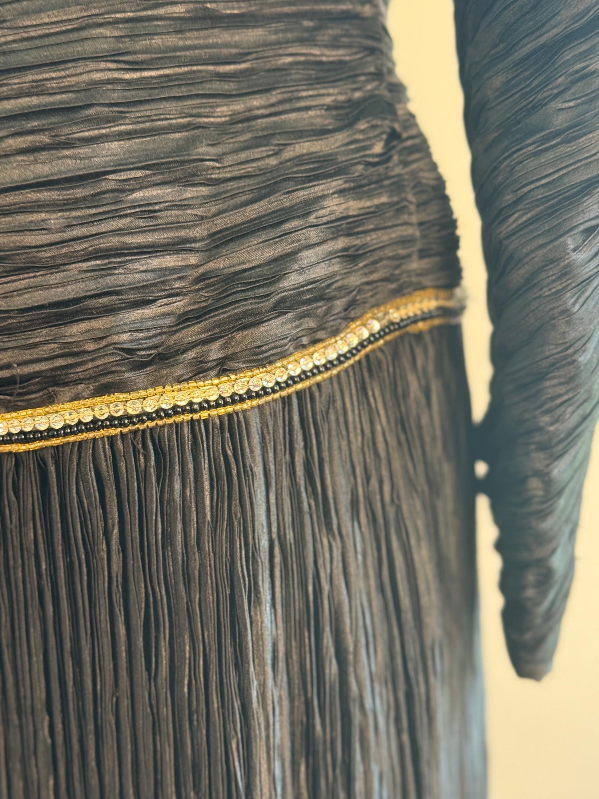 80s Mary McFadden Couture Puffy Shoulders Embelished Plisse Gown