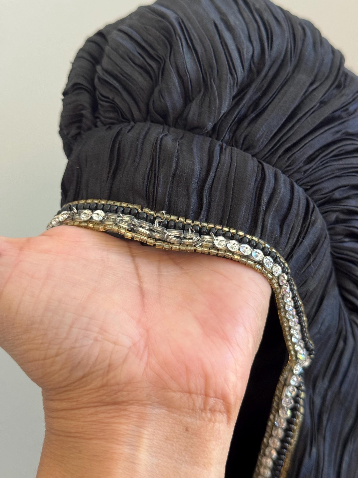 80s Mary McFadden Couture Puffy Shoulders Embelished Plisse Gown