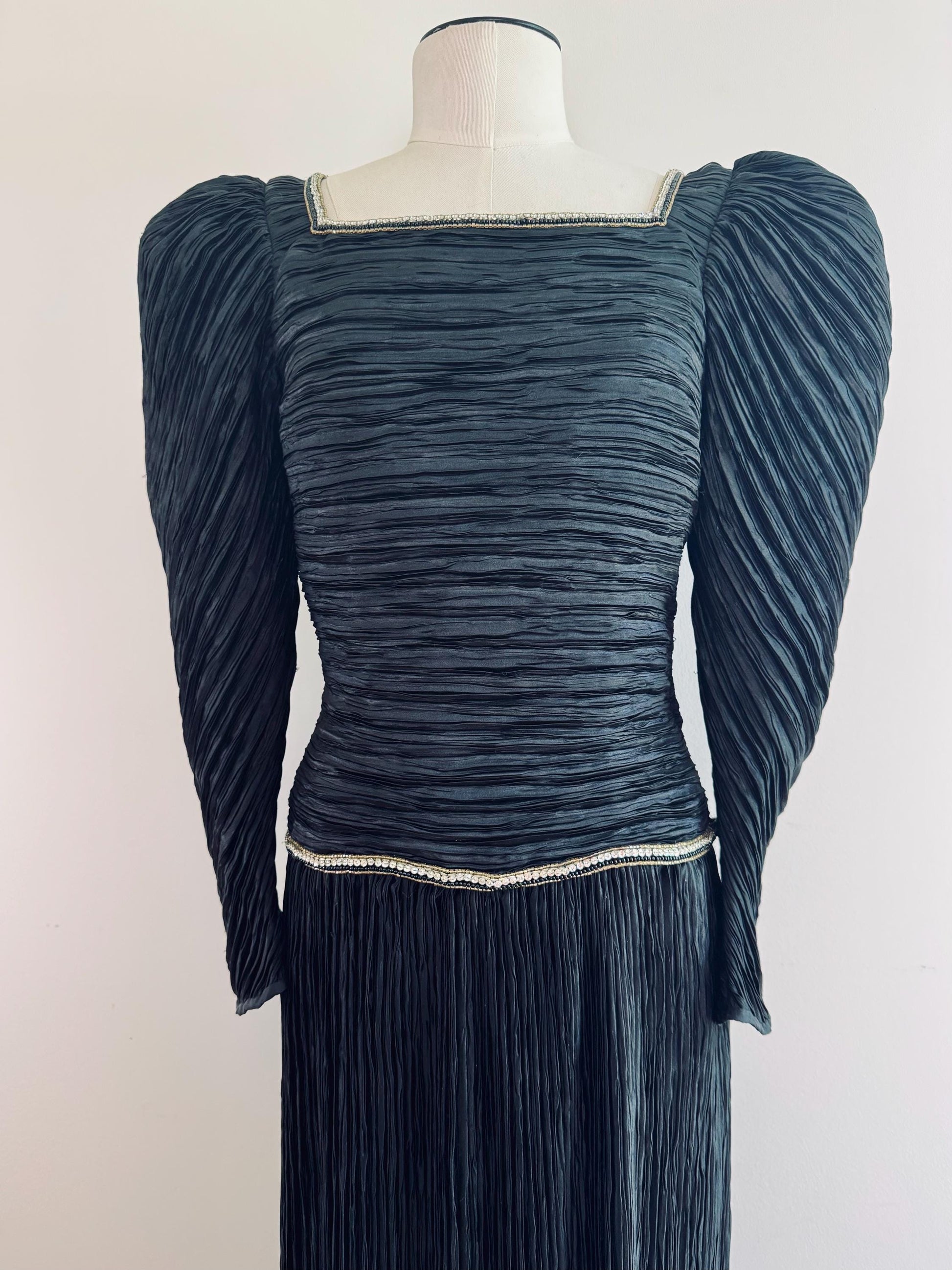 80s Mary McFadden Couture Puffy Shoulders Embelished Plisse Gown