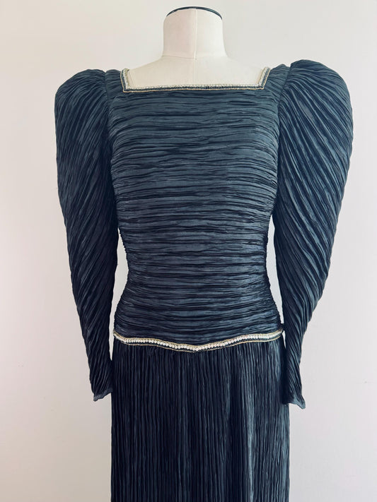 80s Mary McFadden Couture Puffy Shoulders Embelished Plisse Gown