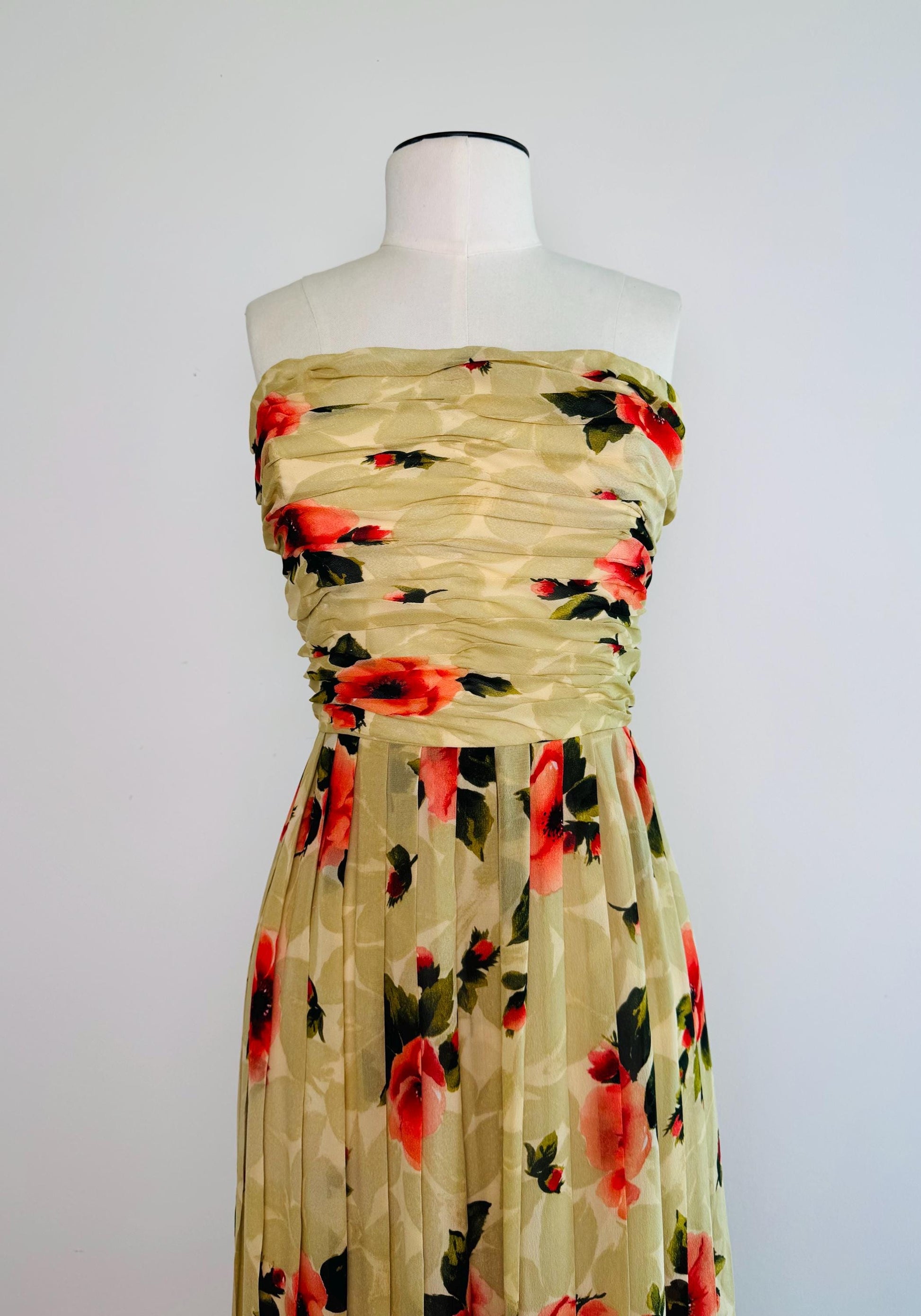 Vintage Bill Blass Silk Chiffon Floral Dress Strapless Boned Bodice Pleated Hibiscus Dress 26" Waist