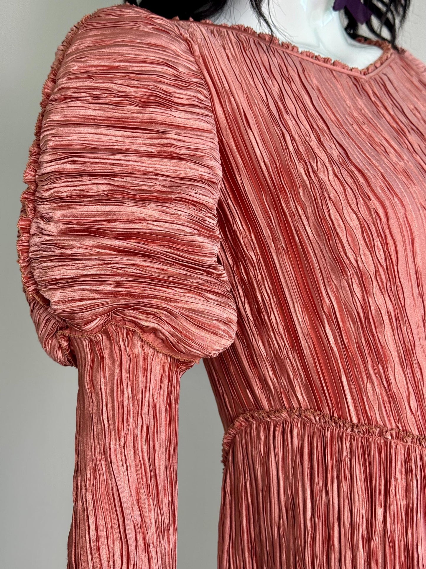 1970s Mary McFadden Couture Plisse Pink Juliet Sleeves Dress