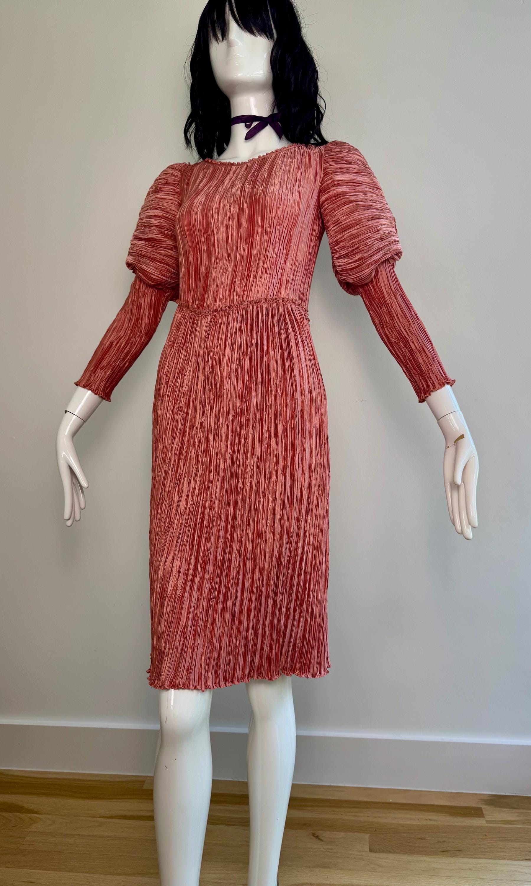 1970s Mary McFadden Couture Plisse Pink Juliet Sleeves Dress