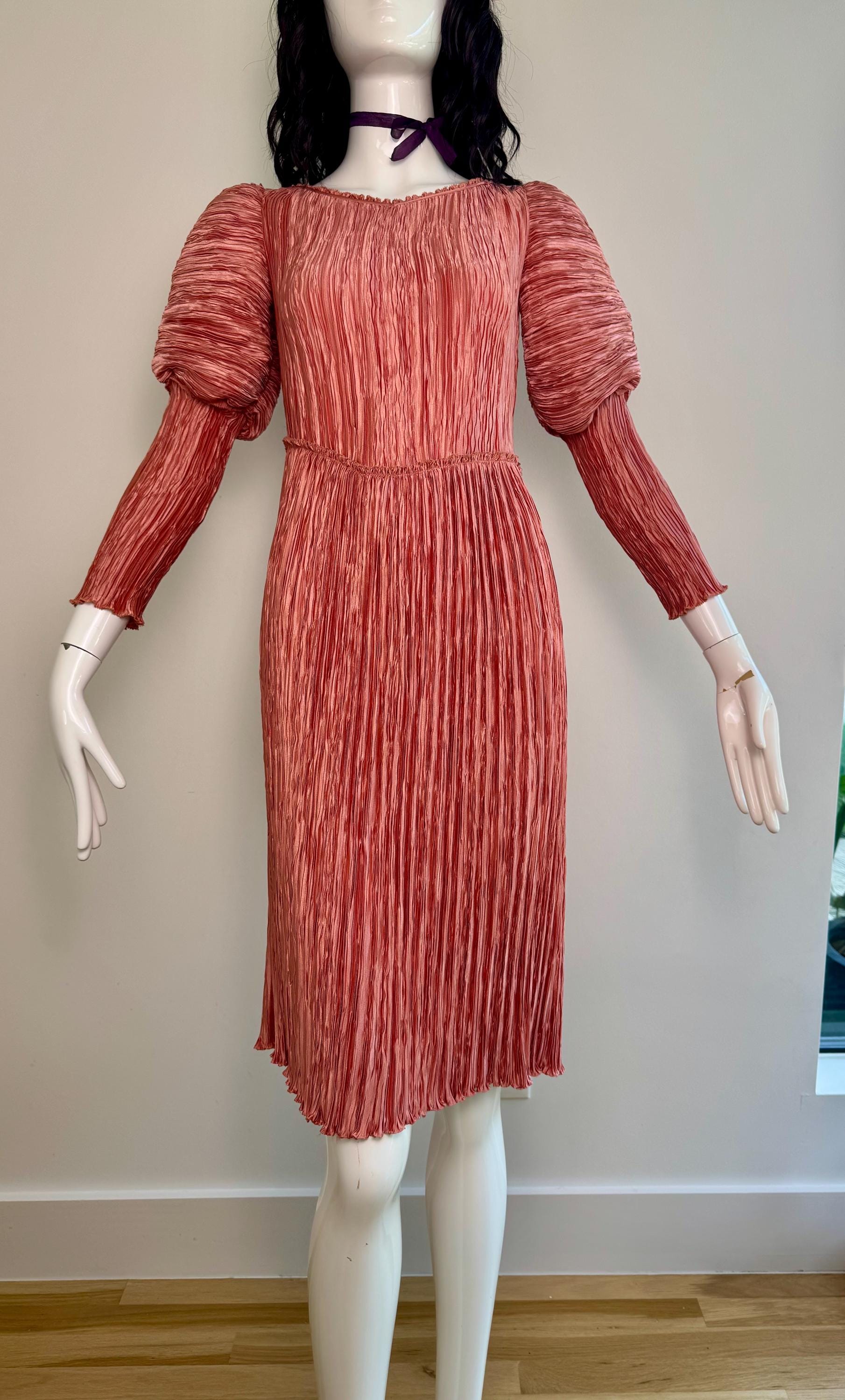 1970s Mary McFadden Couture Plisse Pink Juliet Sleeves Dress