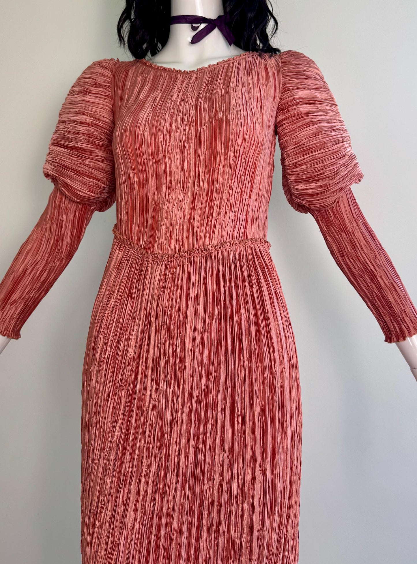 1970s Mary McFadden Couture Plisse Pink Juliet Sleeves Dress