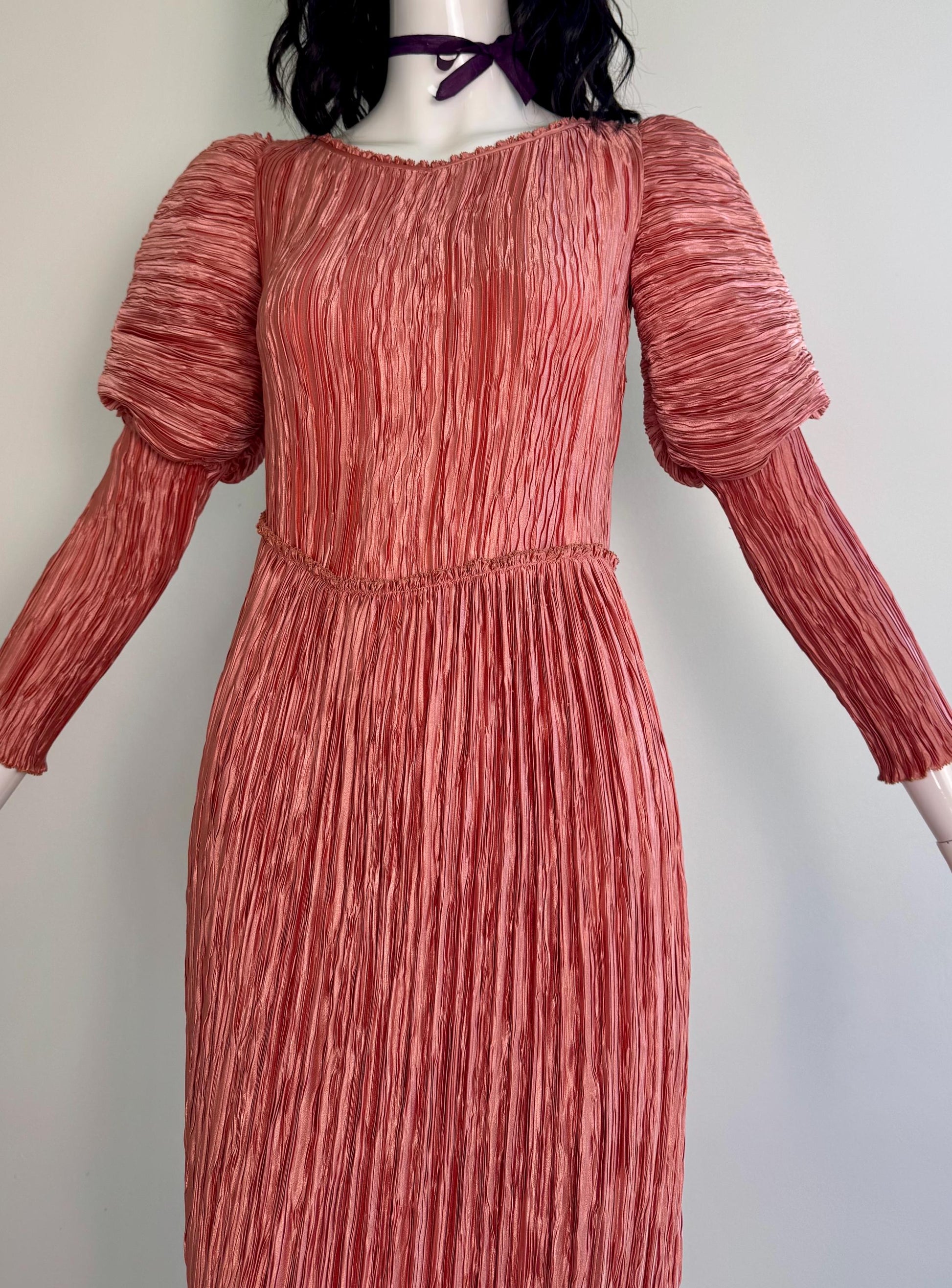 1970s Mary McFadden Couture Plisse Pink Juliet Sleeves Dress