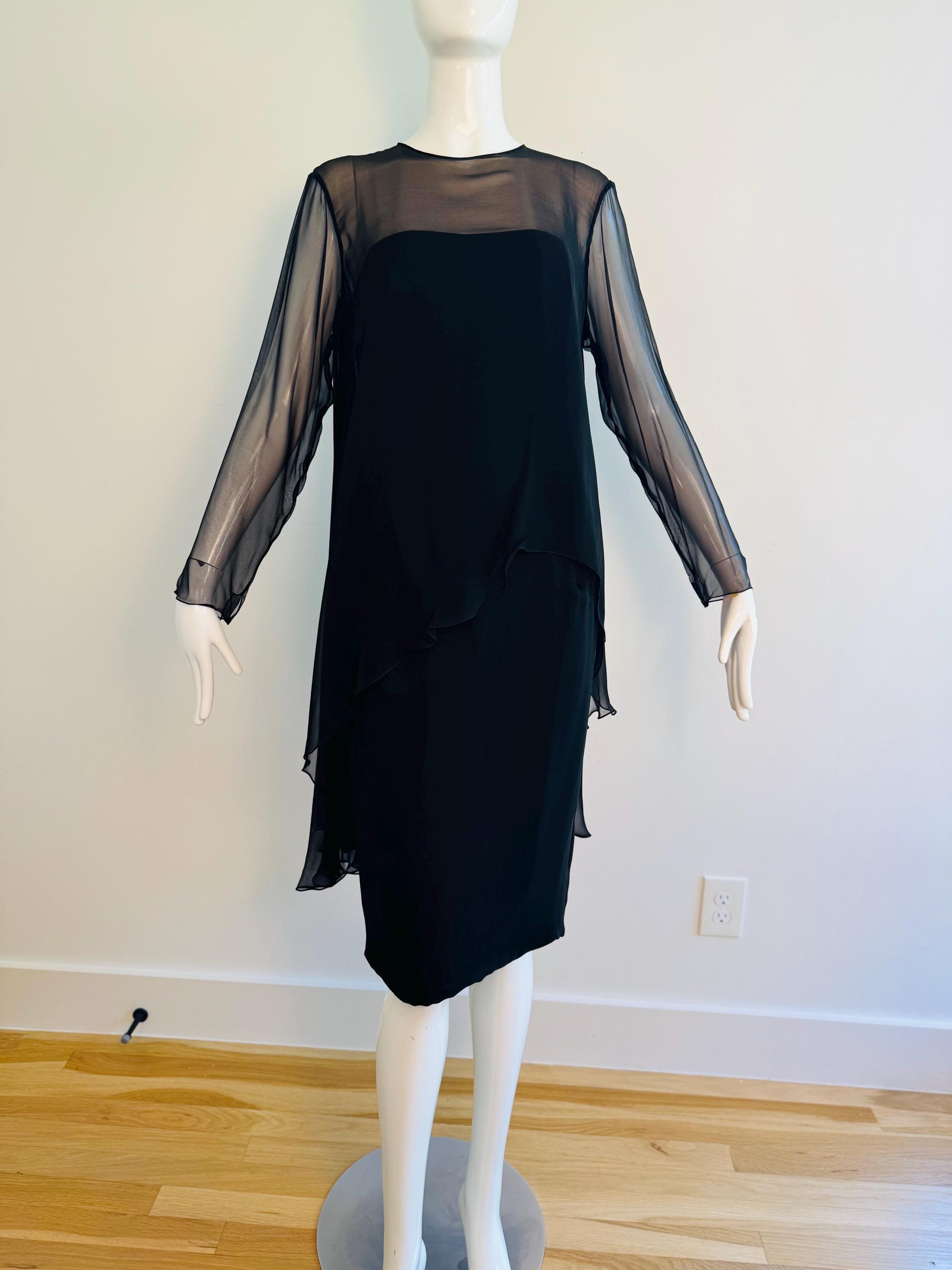 60s Travilla Black Silk Chiffon Cocktail Dress