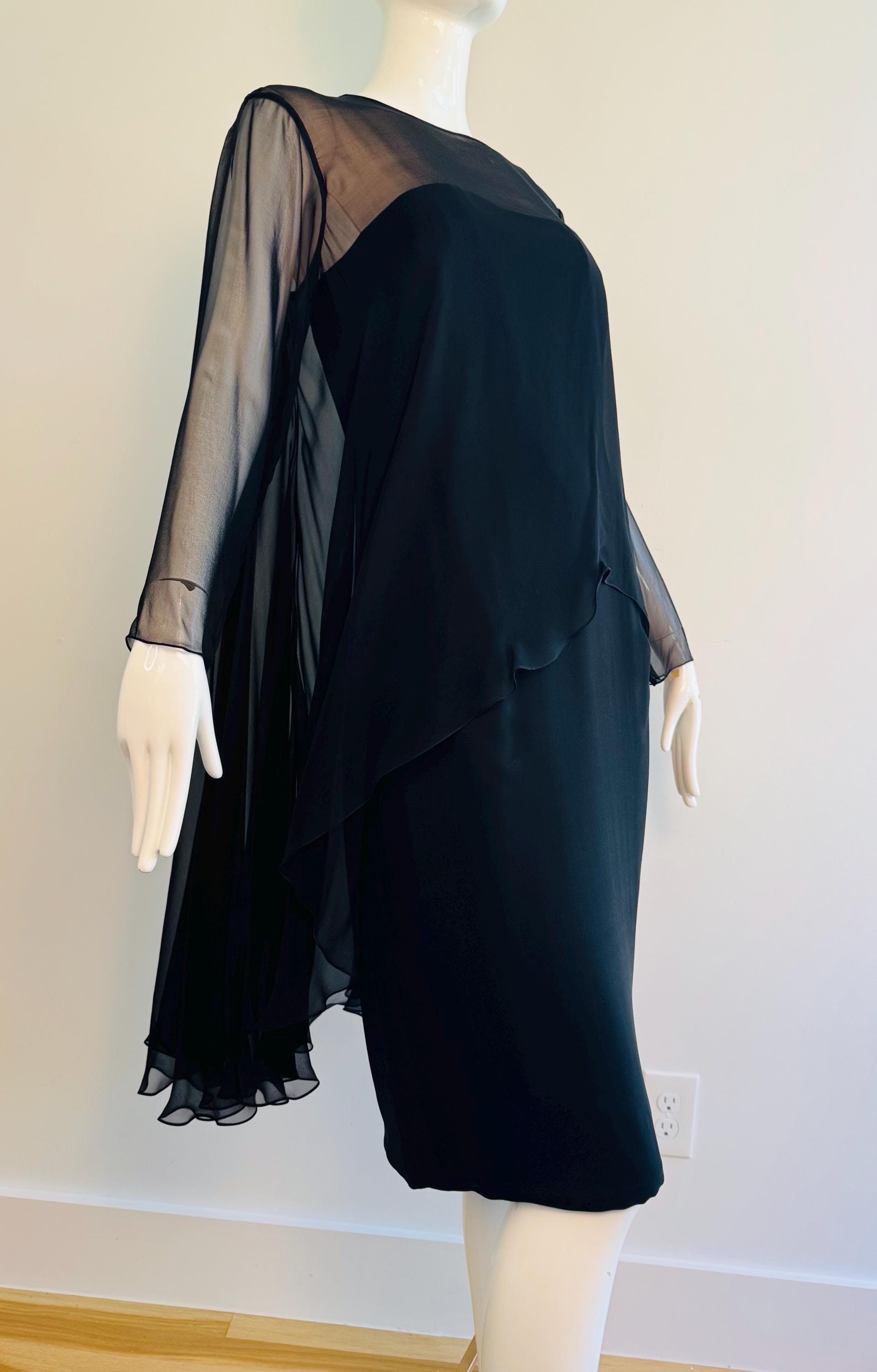 60s Travilla Black Silk Chiffon Cocktail Dress