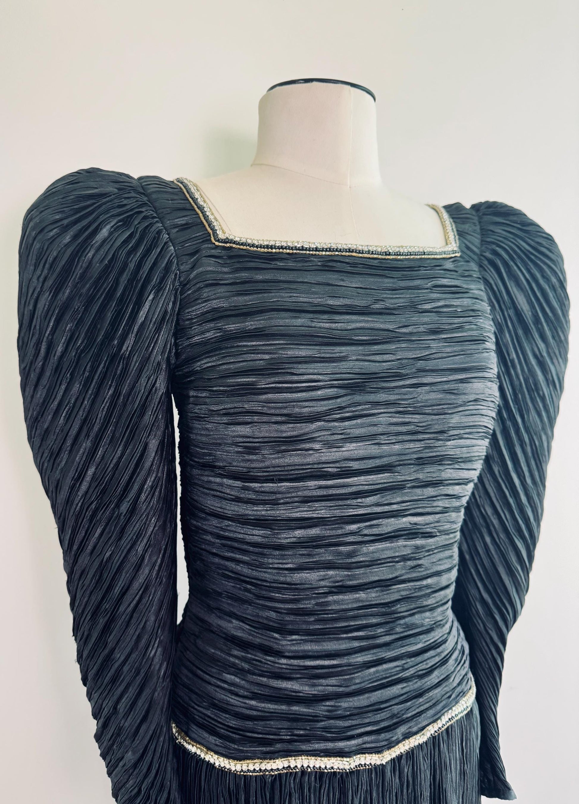 80s Mary McFadden Couture Puffy Shoulders Embelished Plisse Gown