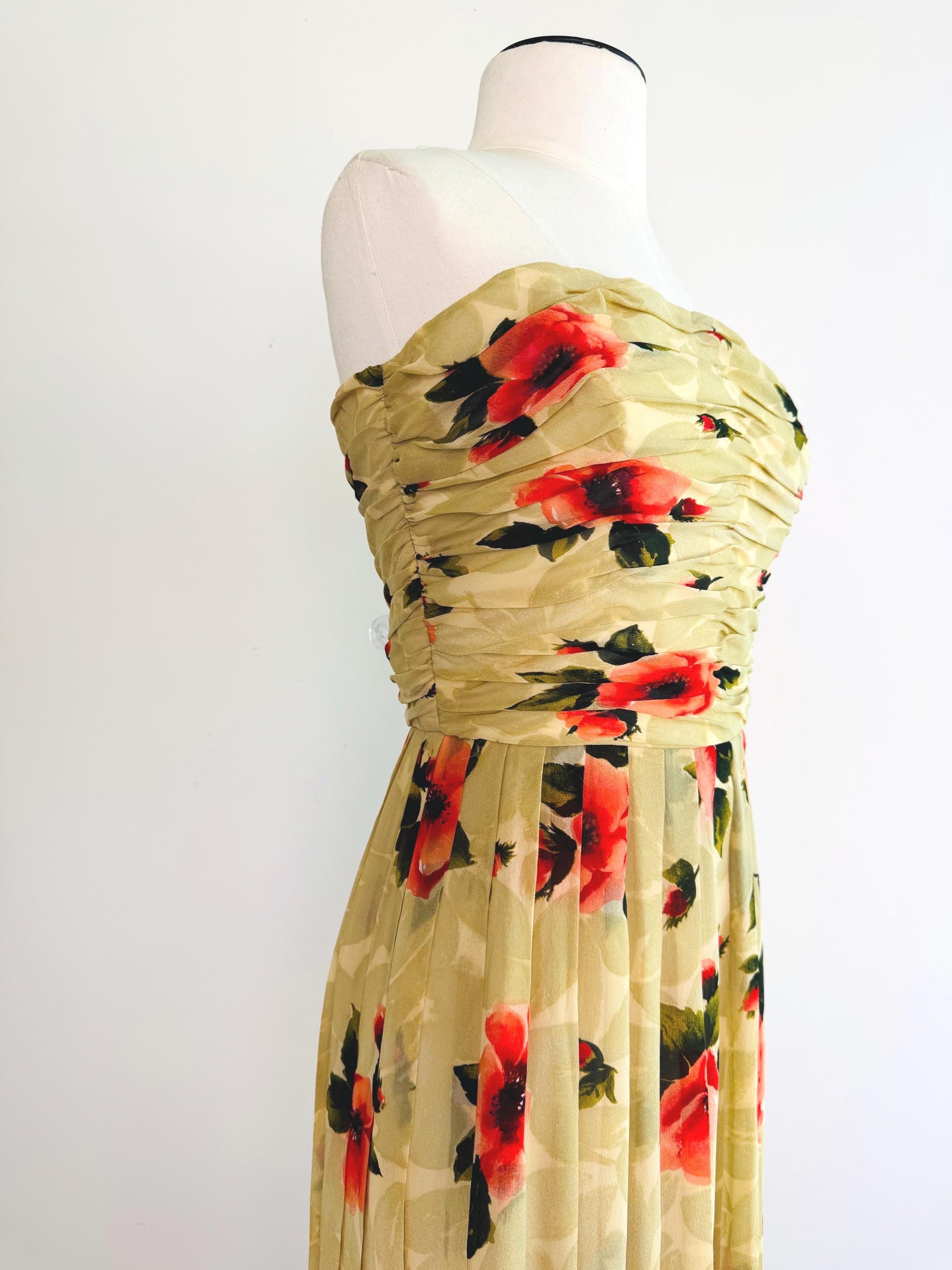 Vintage Bill Blass Silk Chiffon Floral Dress Strapless Boned Bodice Pleated Hibiscus Dress 26" Waist