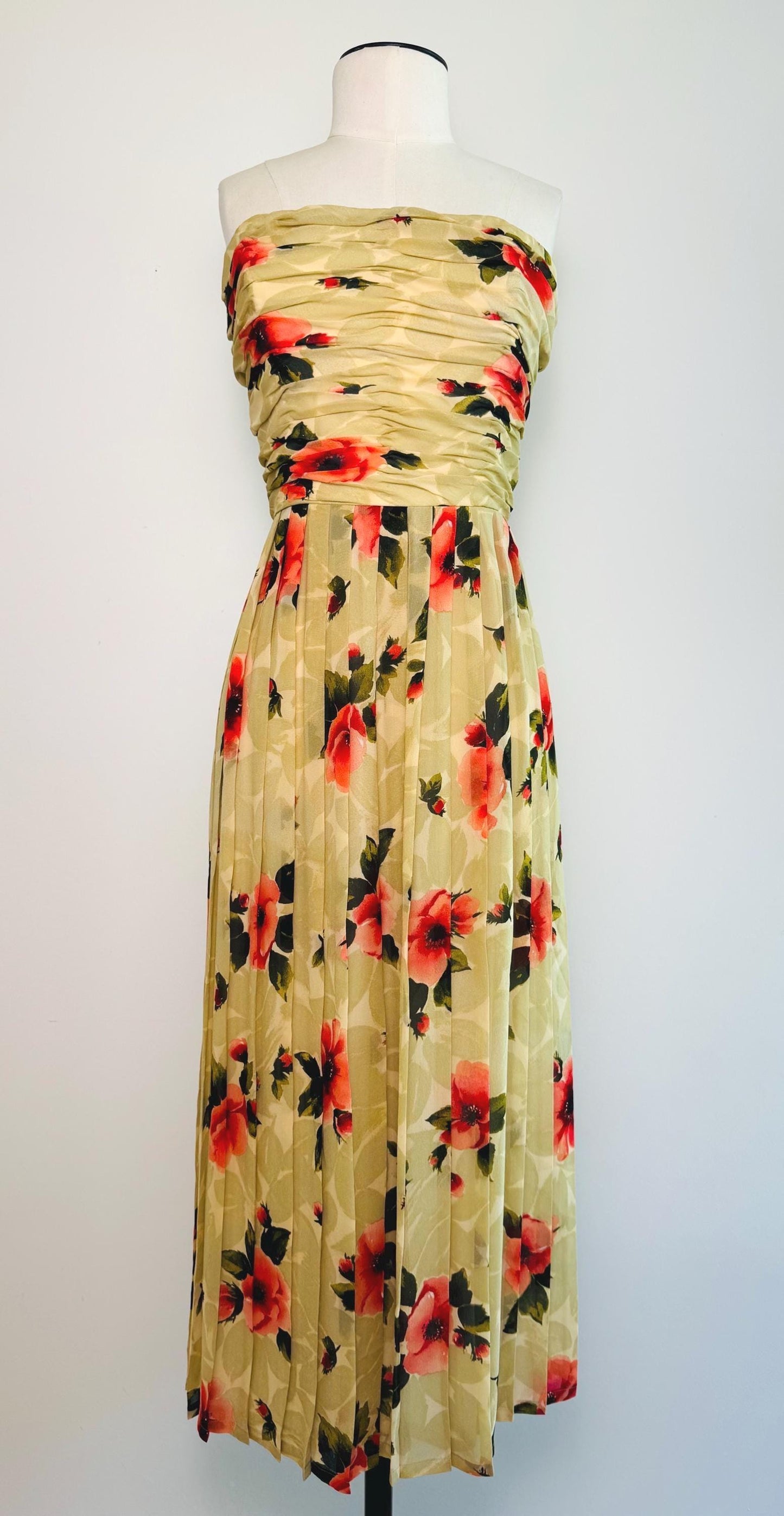 Vintage Bill Blass Silk Chiffon Floral Dress Strapless Boned Bodice Pleated Hibiscus Dress 26" Waist