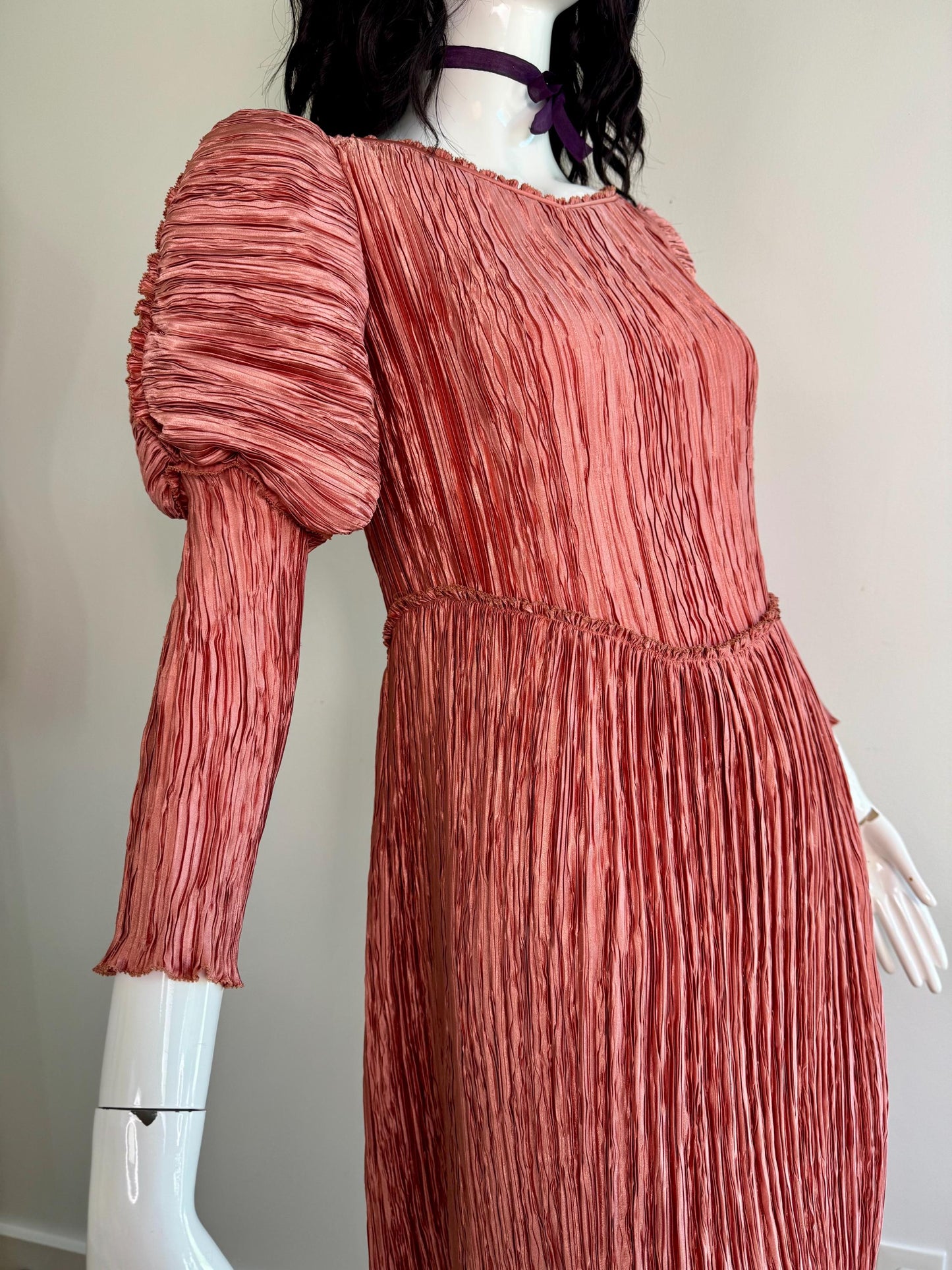 1970s Mary McFadden Couture Plisse Pink Juliet Sleeves Dress