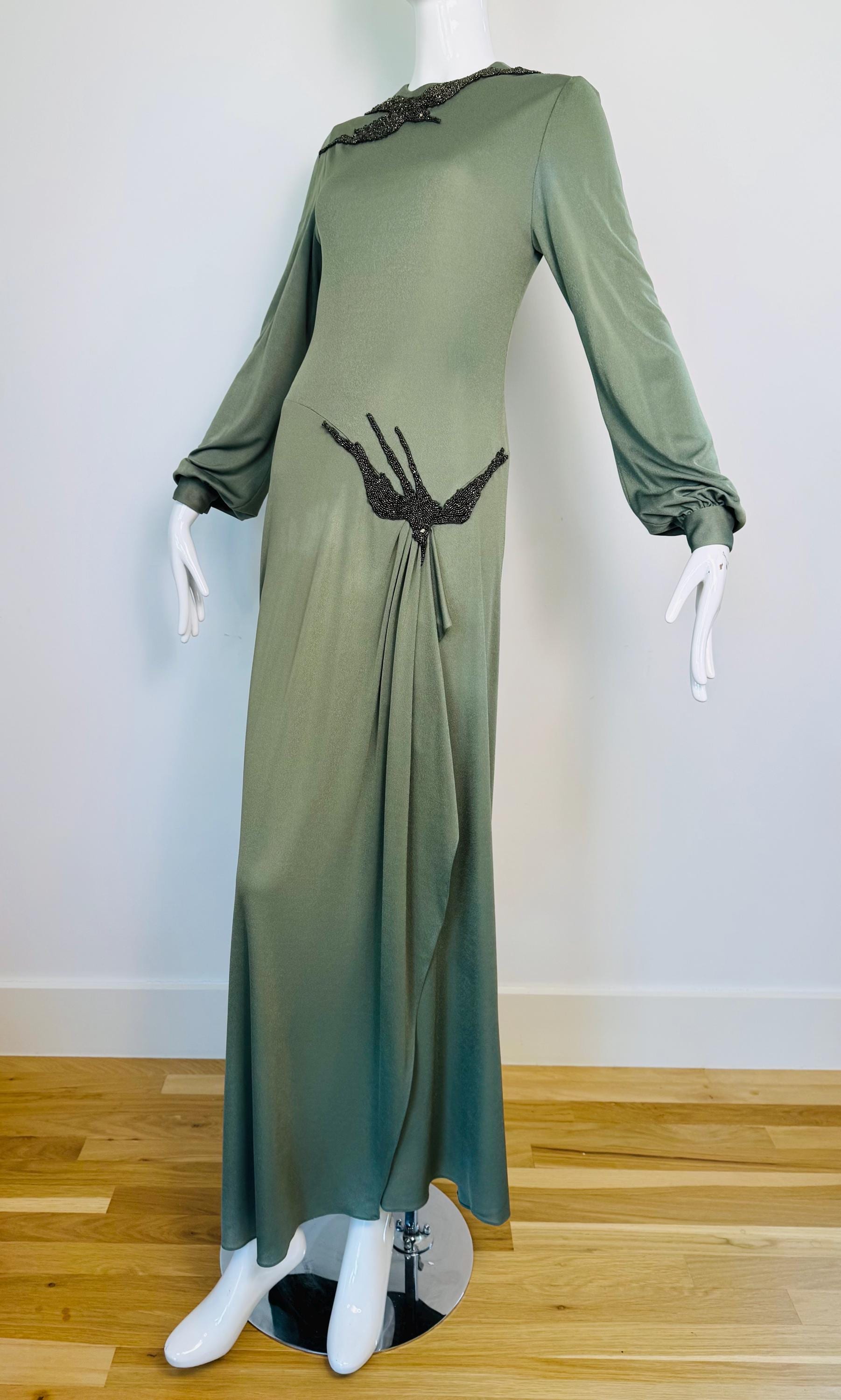 70s John Anthony Silk Jersey Hand Beaded Surrealist Bird Gown