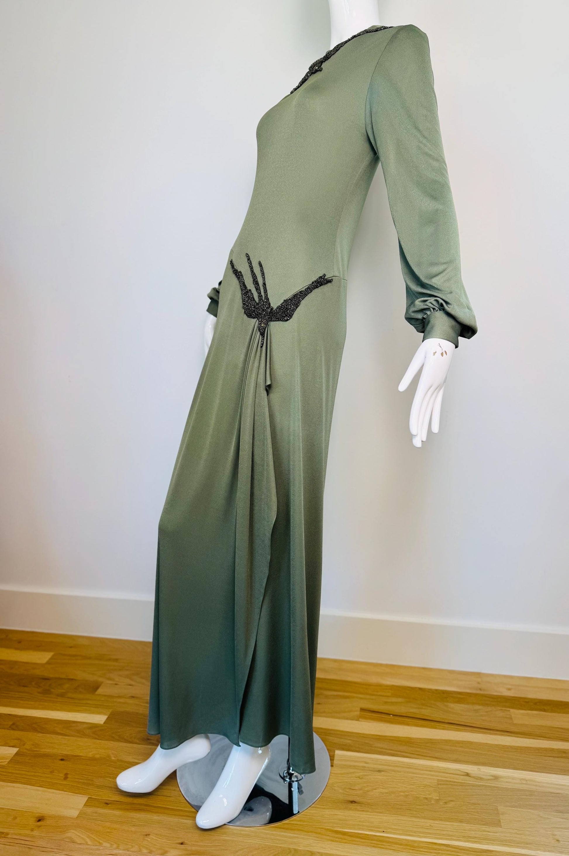 70s John Anthony Silk Jersey Hand Beaded Surrealist Bird Gown