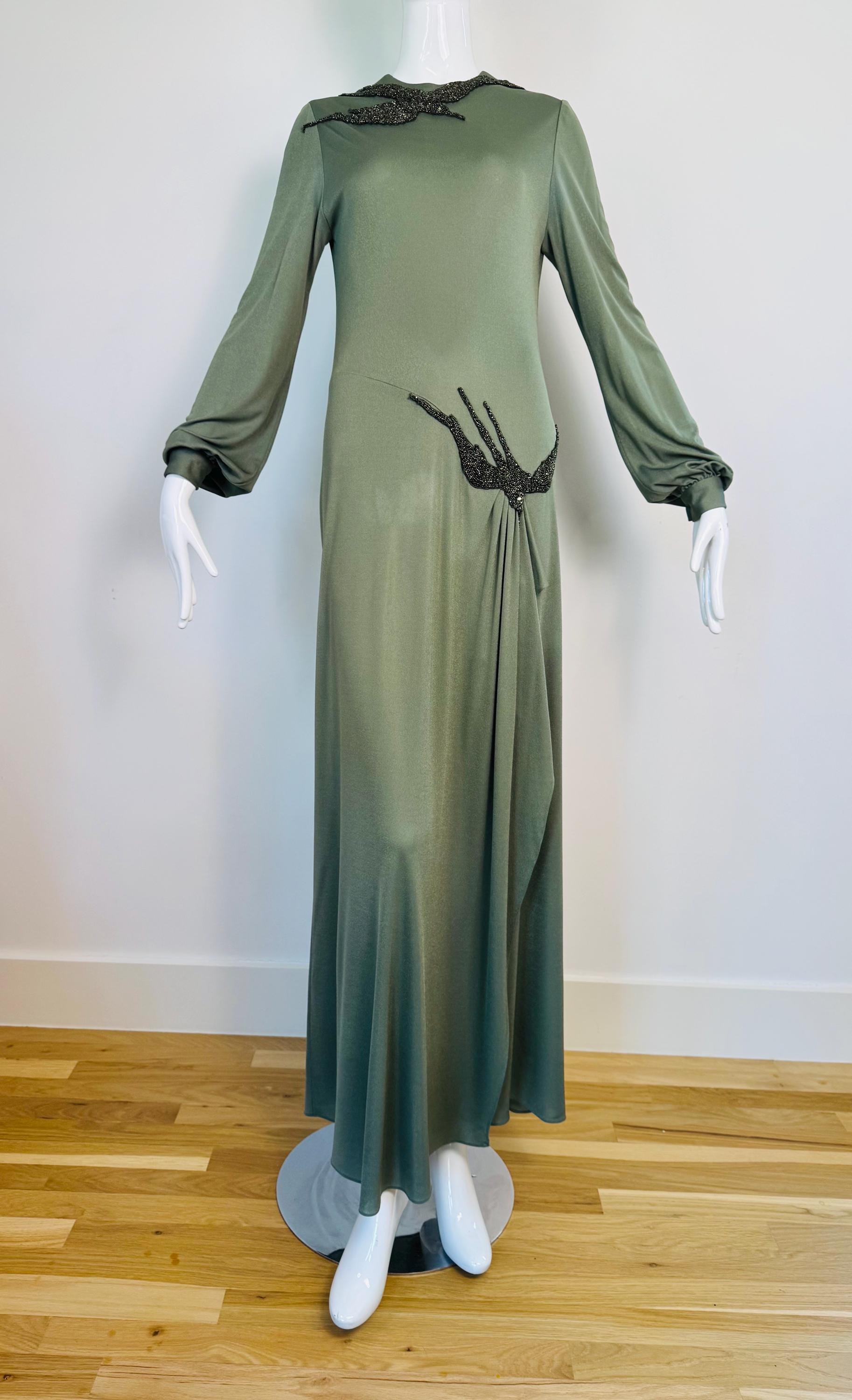 70s John Anthony Silk Jersey Hand Beaded Surrealist Bird Gown