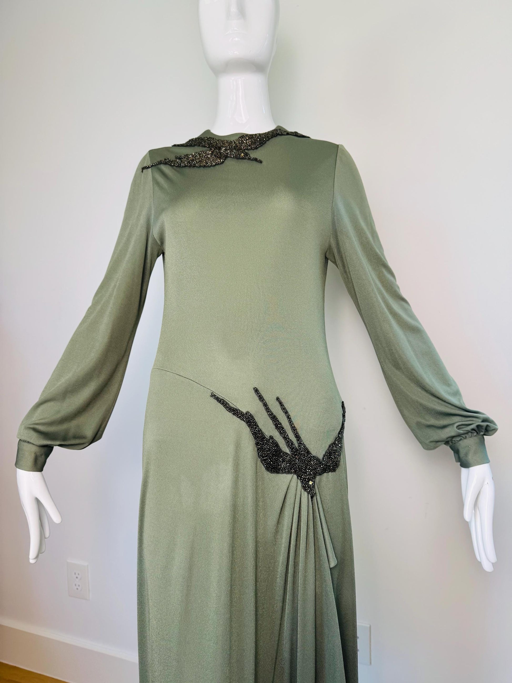 70s John Anthony Silk Jersey Hand Beaded Surrealist Bird Gown