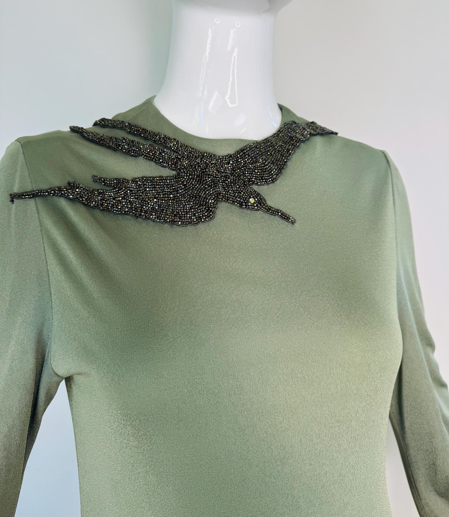 70s John Anthony Silk Jersey Hand Beaded Surrealist Bird Gown