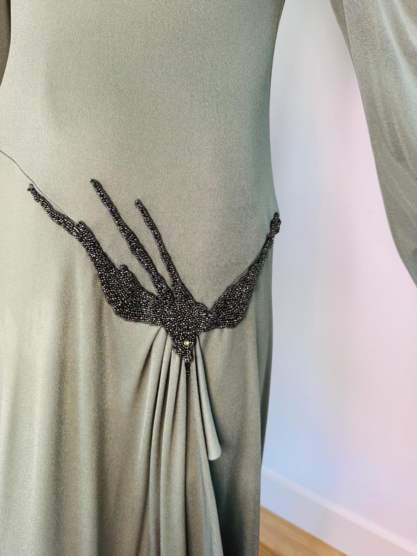 70s John Anthony Silk Jersey Hand Beaded Surrealist Bird Gown
