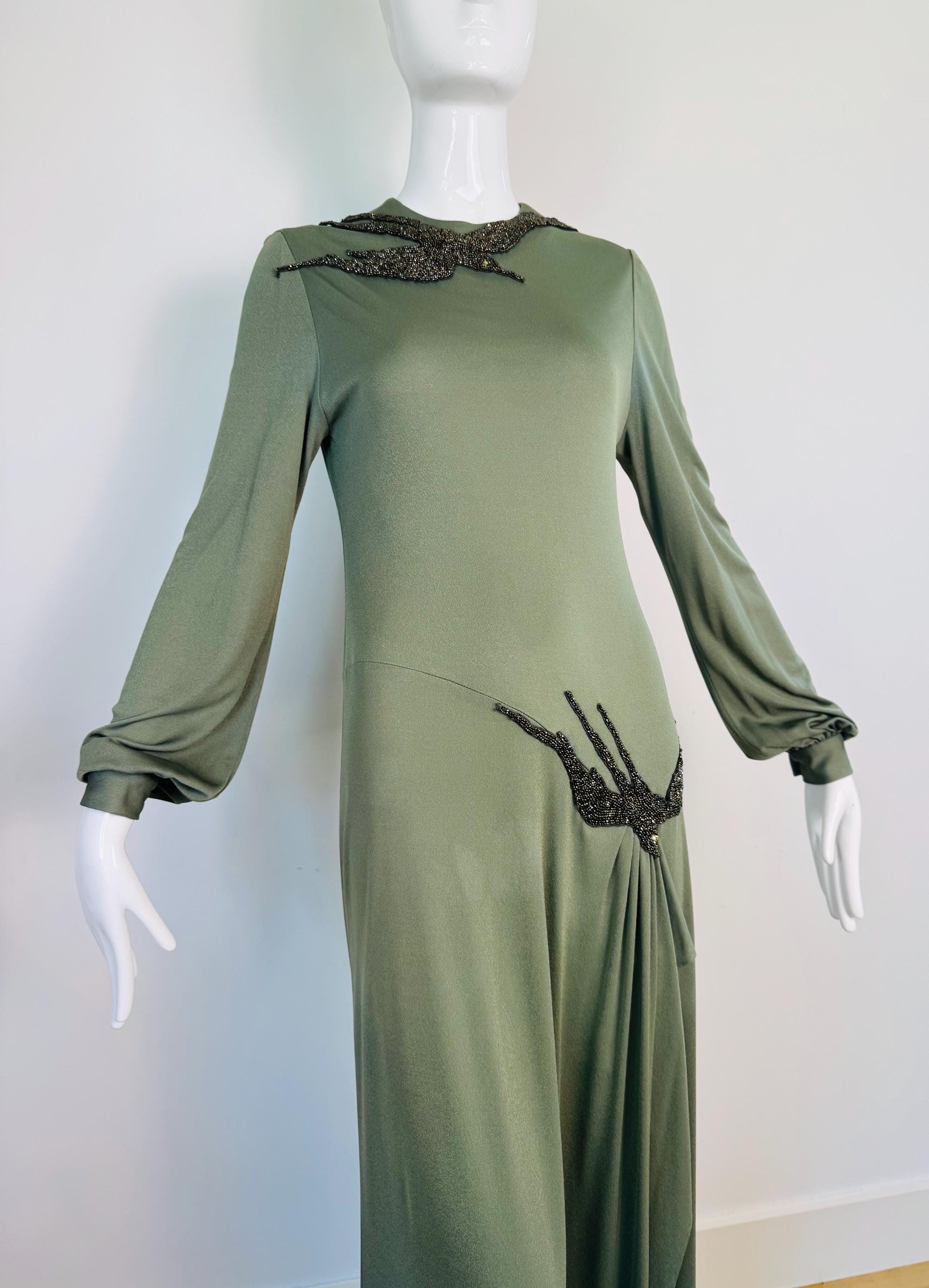 70s John Anthony Silk Jersey Hand Beaded Surrealist Bird Gown
