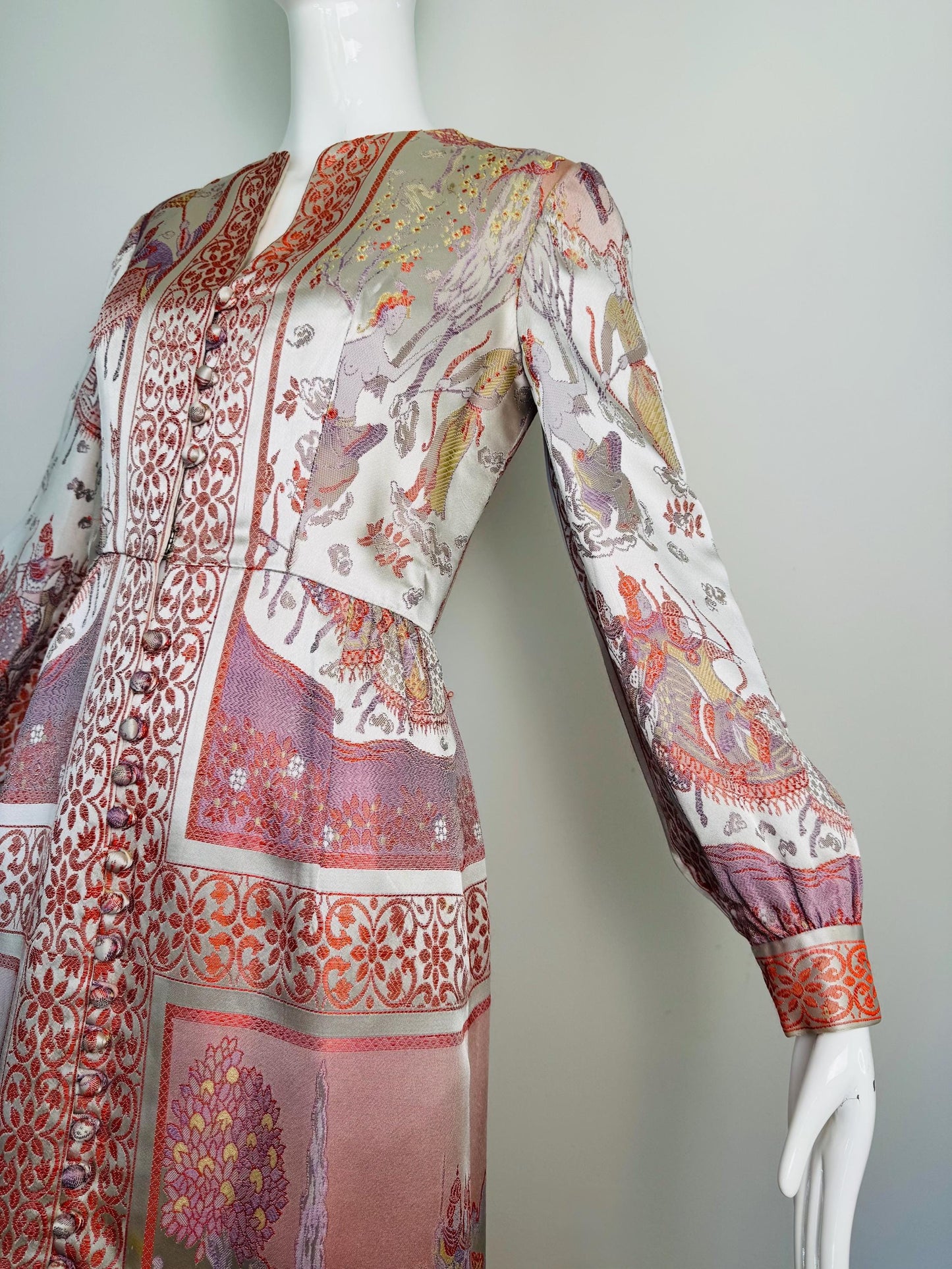Rare 60s Jon Mandl Silk Jacquard Asian Floral Gown