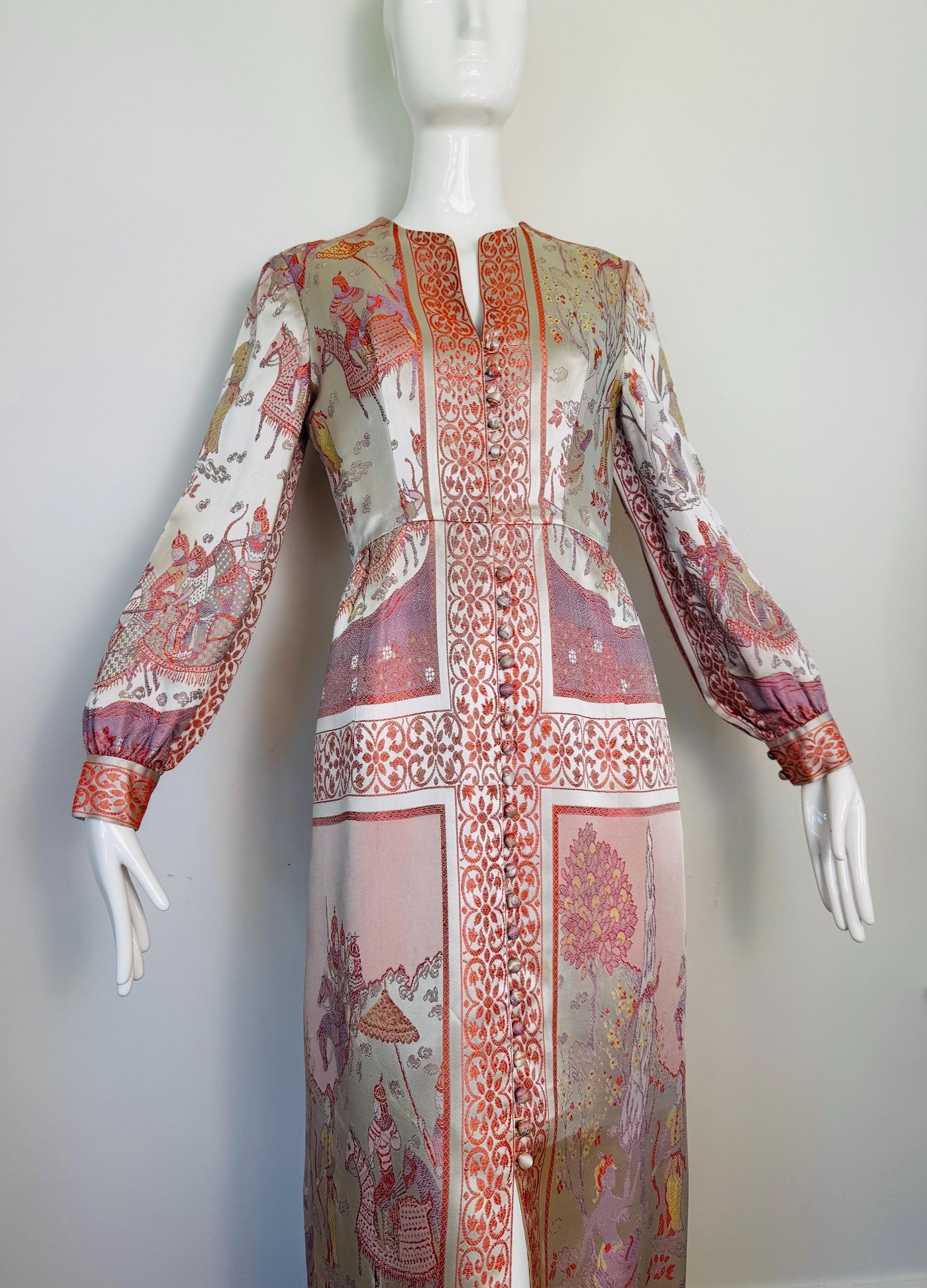 Rare 60s Jon Mandl Silk Jacquard Asian Floral Gown
