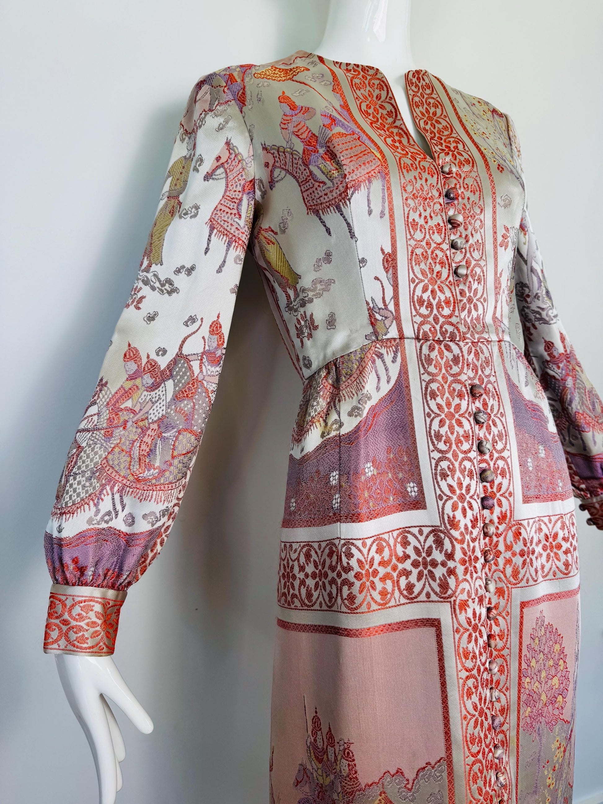 Rare 60s Jon Mandl Silk Jacquard Asian Floral Gown