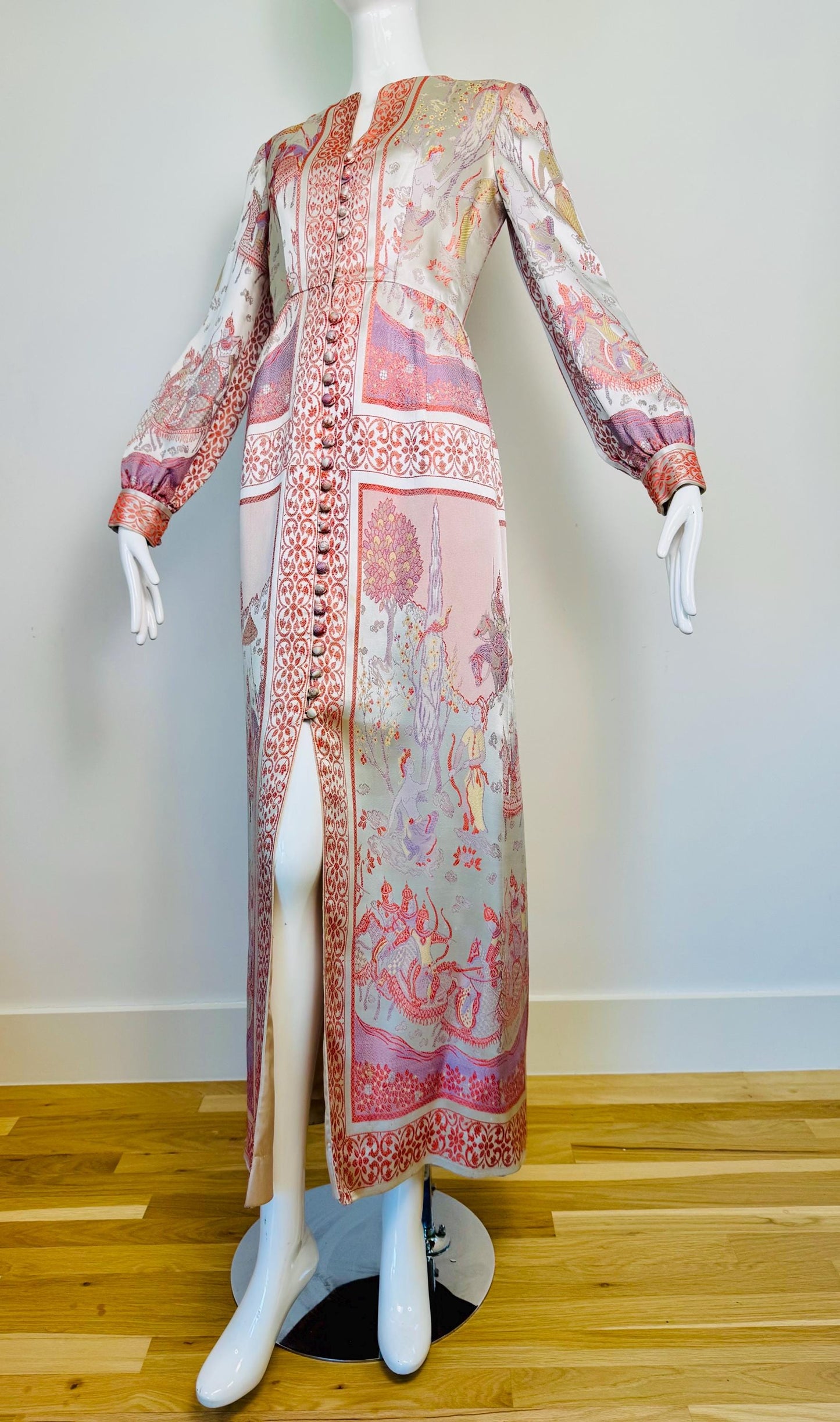 Rare 60s Jon Mandl Silk Jacquard Asian Floral Gown