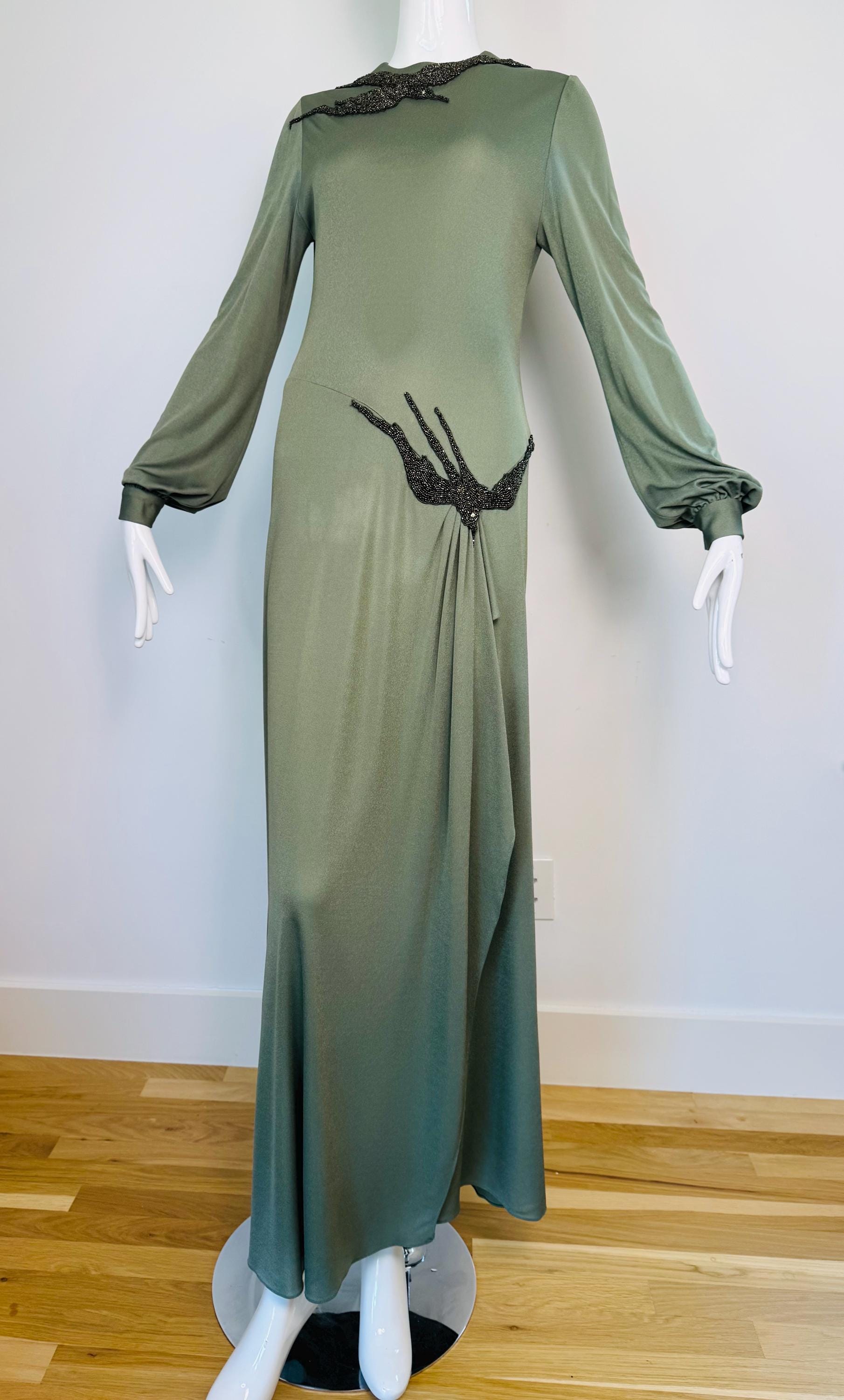 70s John Anthony Silk Jersey Hand Beaded Surrealist Bird Gown