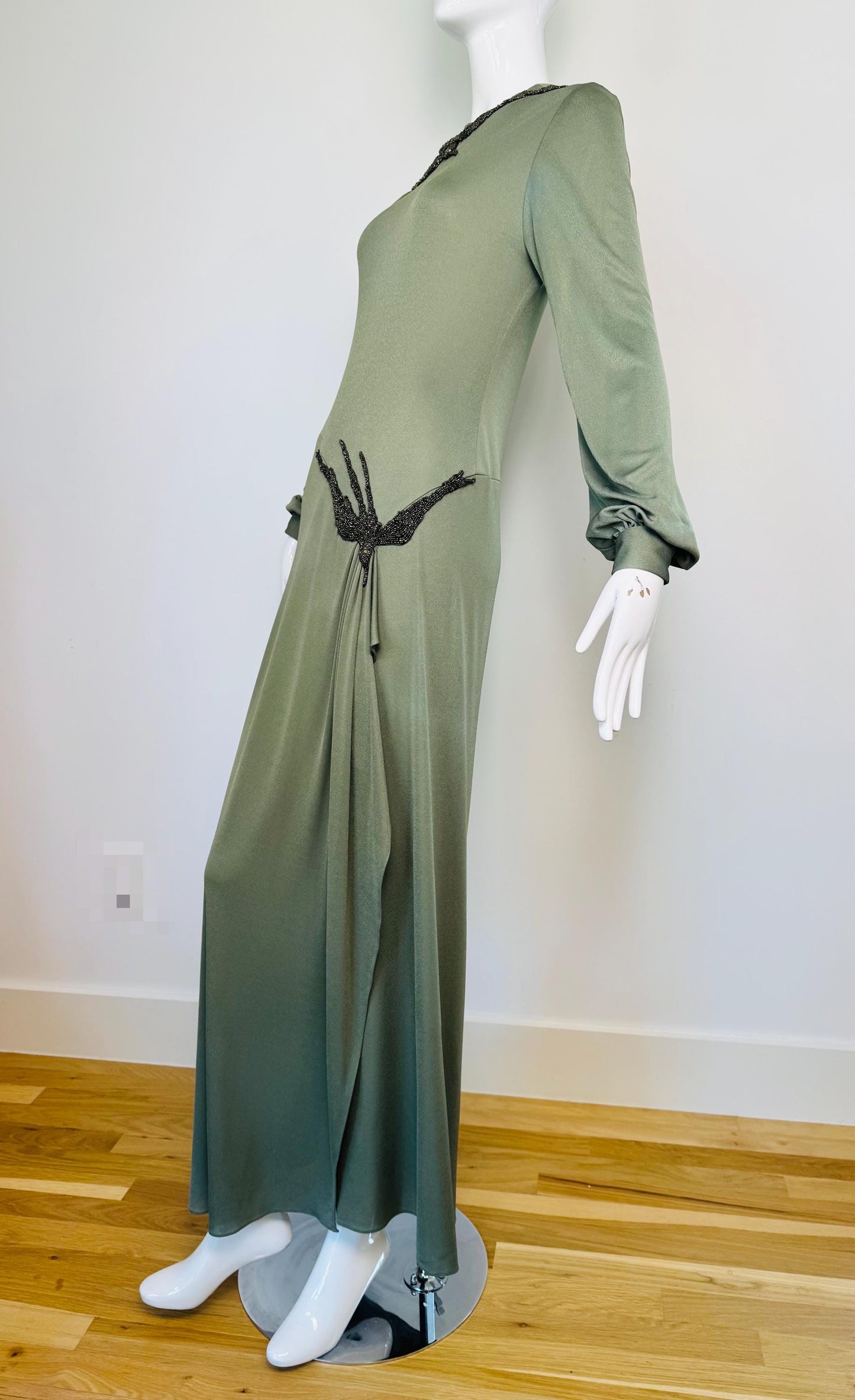 70s John Anthony Silk Jersey Hand Beaded Surrealist Bird Gown
