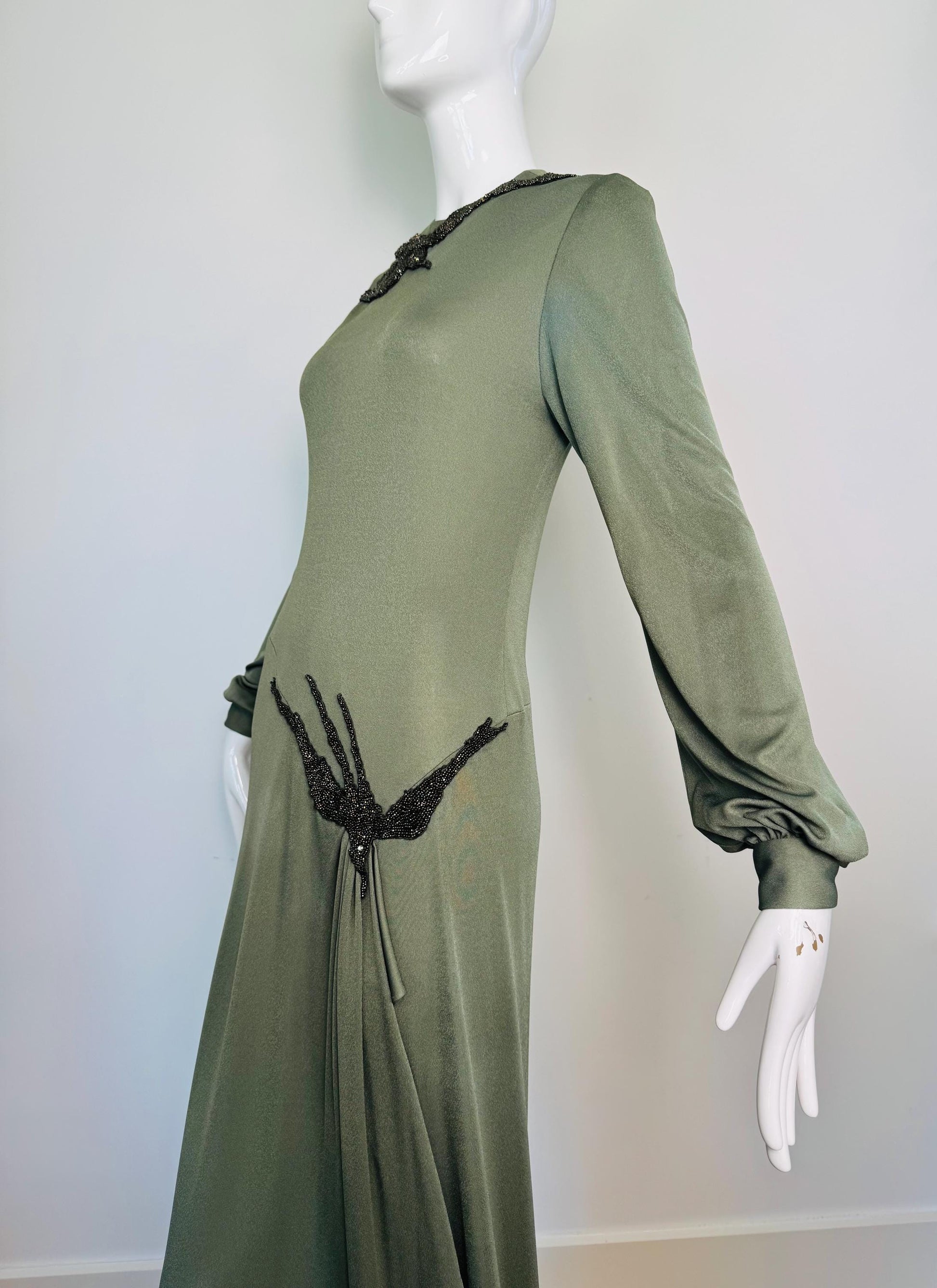 70s John Anthony Silk Jersey Hand Beaded Surrealist Bird Gown