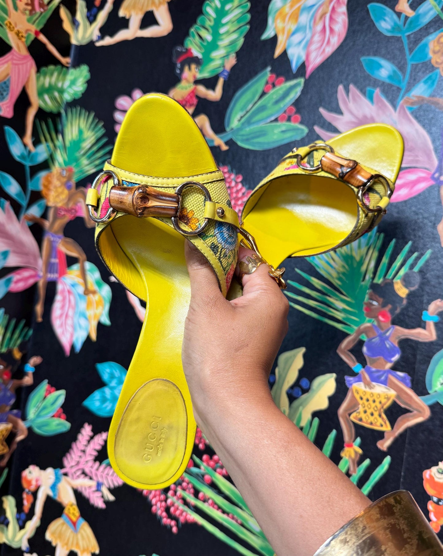 Gucci Yellow Leather Flora Canvas Bamboo Horsebit Mules