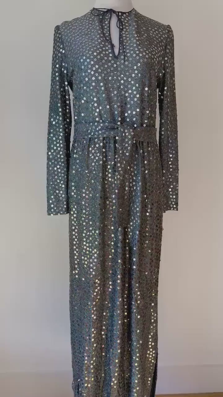 70s Mollie Parnis Embellished Gun Metal Silver Gown