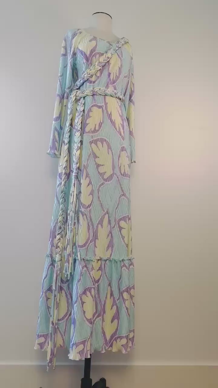 Mary McFadden Pleated Printed Gown With Rope Sash Belt