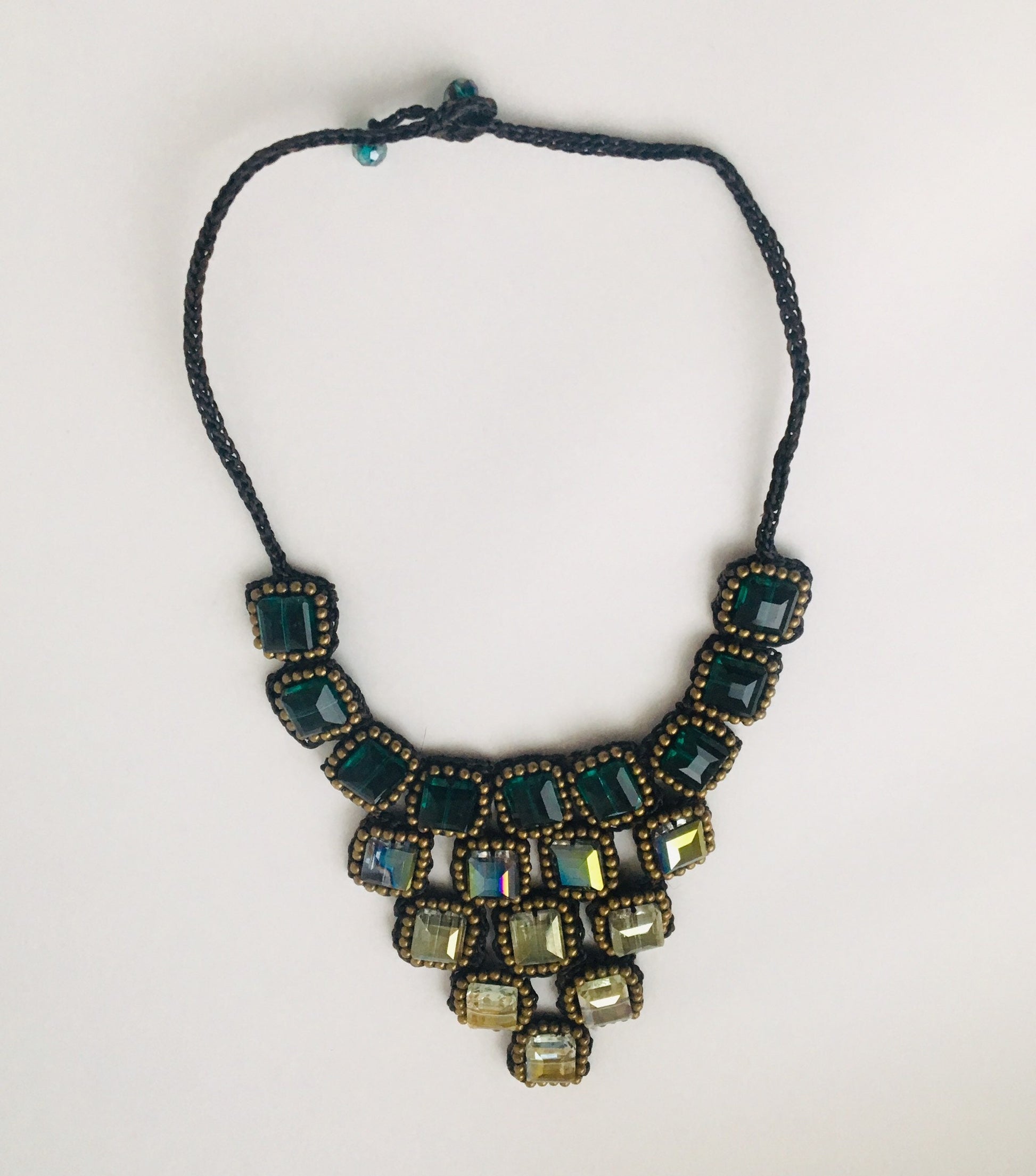OOAK Vintage Artisan handmade crochet Oversized Crystal Iridescent Bib Statement Necklace