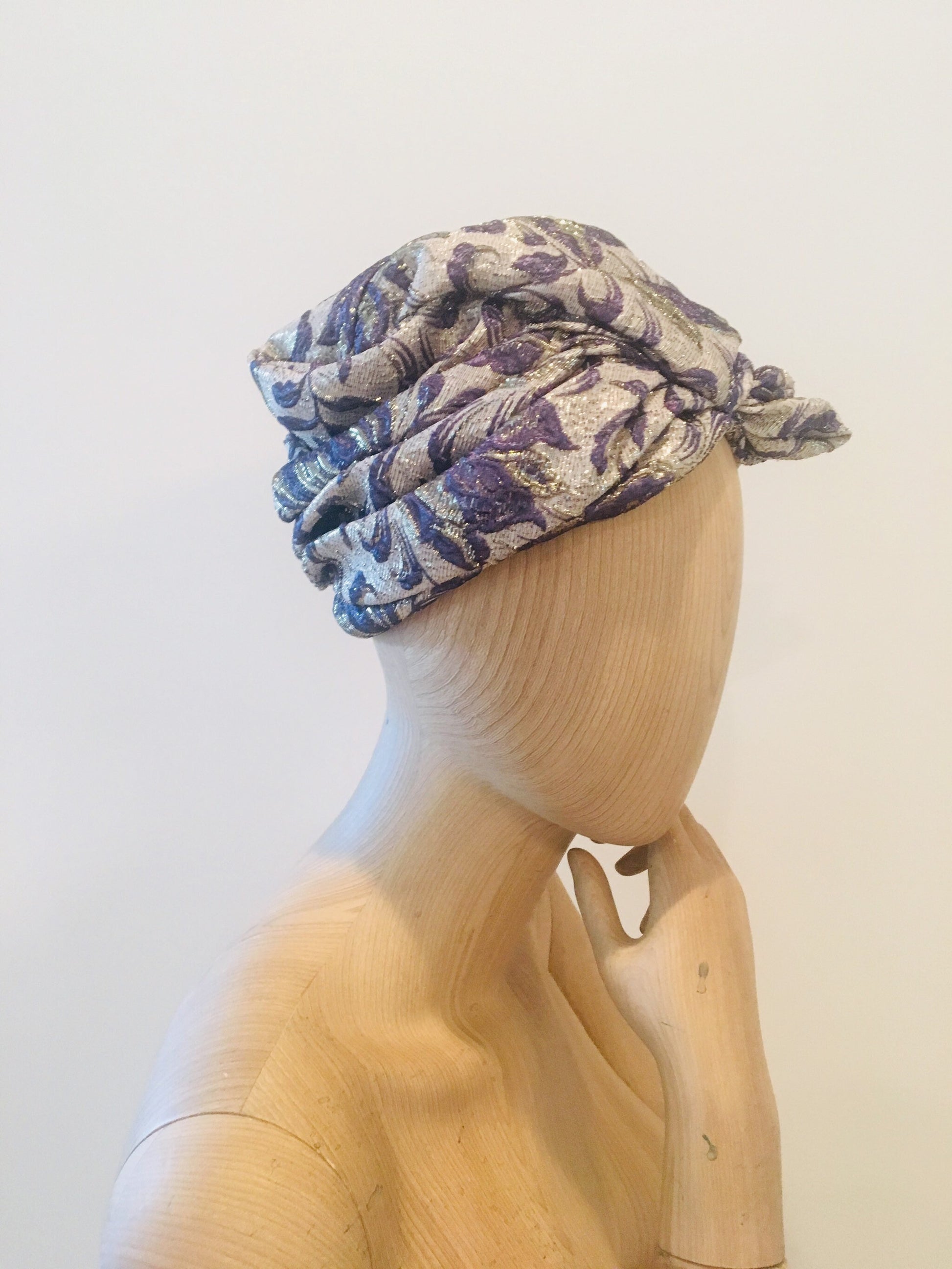 60s Brocade Jacquard Vintage Turban / Metallic Turban /Glam Hat Hollywood Glam