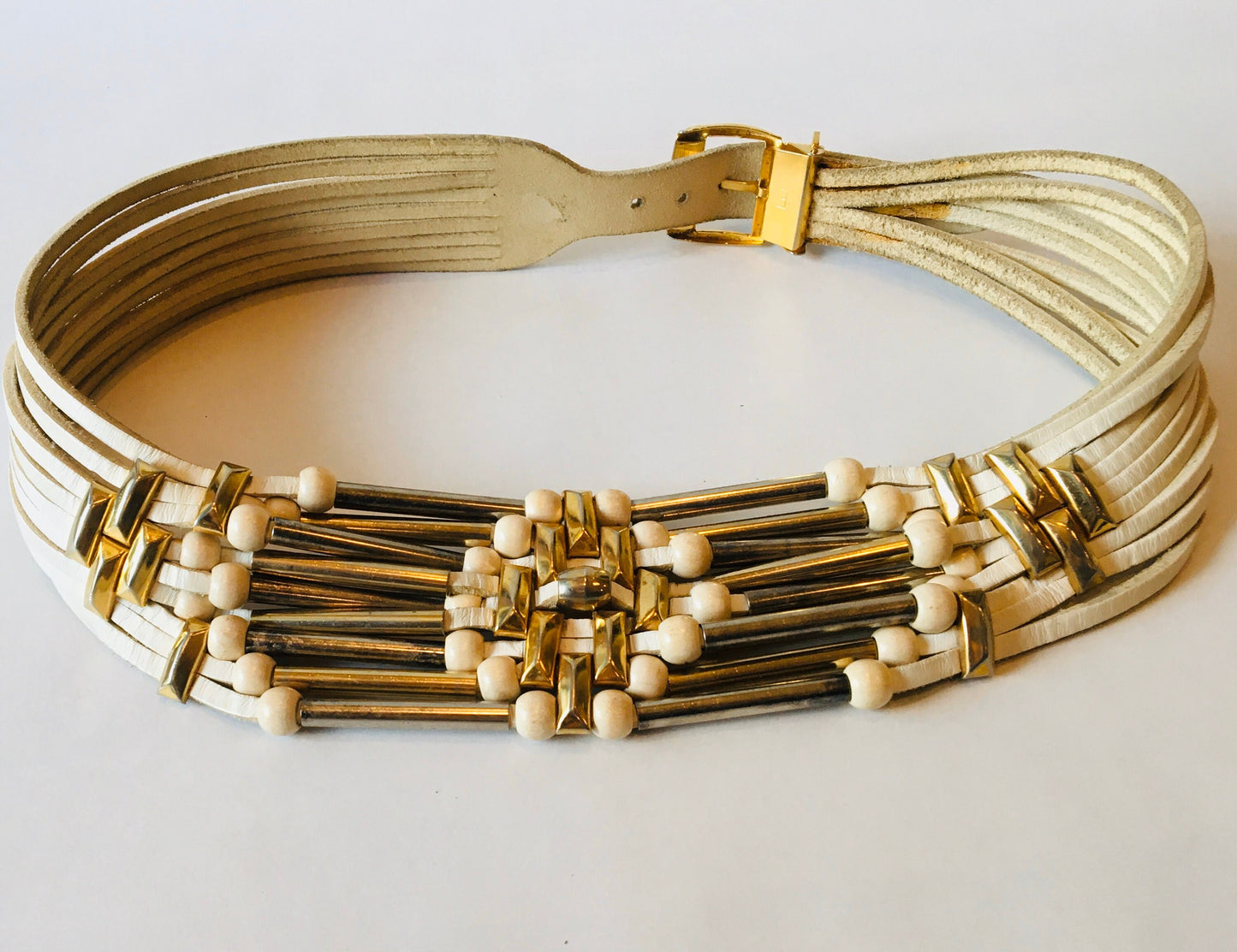 Vintage White Leather Punk Rock Belt / Metal Belt / Hip Hugger / Oversized Leather Belt