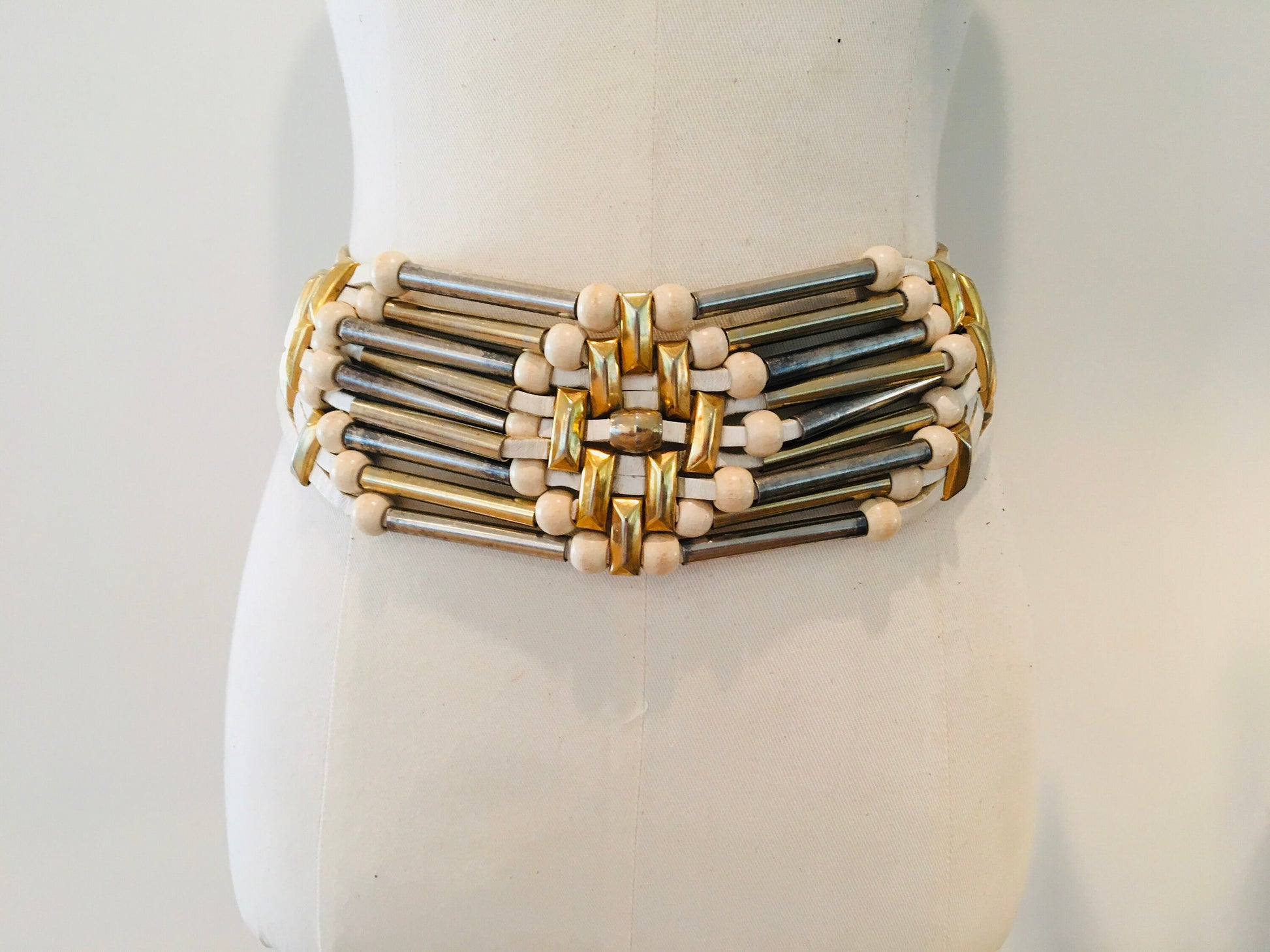 Vintage White Leather Punk Rock Belt / Metal Belt / Hip Hugger / Oversized Leather Belt