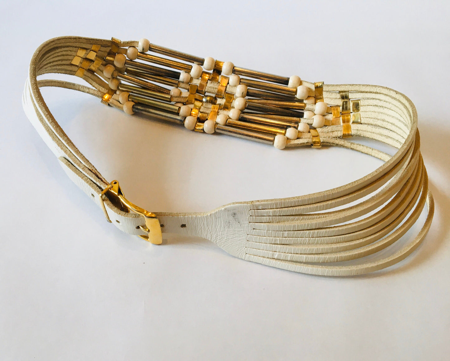 Vintage White Leather Punk Rock Belt / Metal Belt / Hip Hugger / Oversized Leather Belt