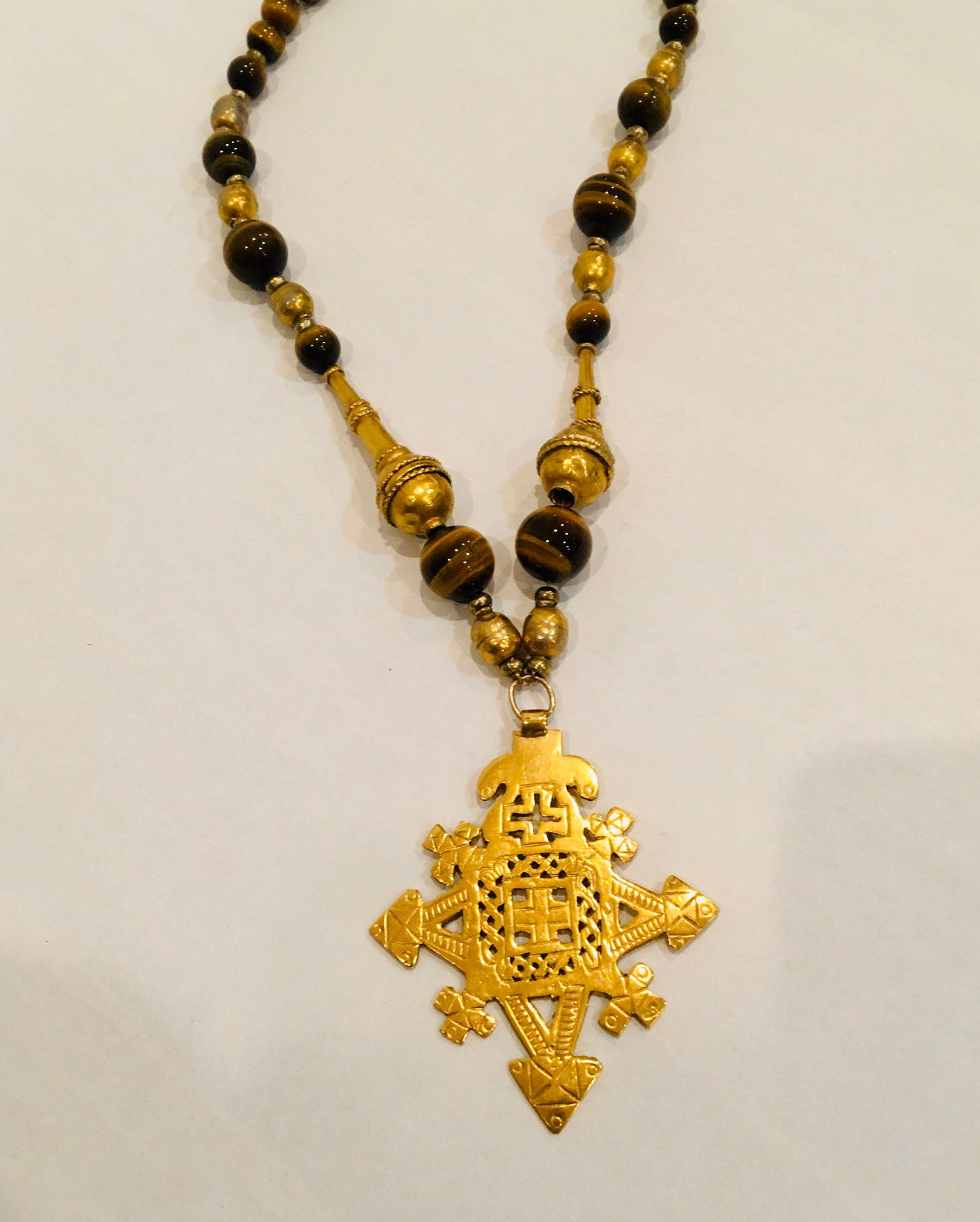 Vintage Tiger Eye Brass Beaded Long Statement Necklace / Artisan Made Pendant Estate Jewelry