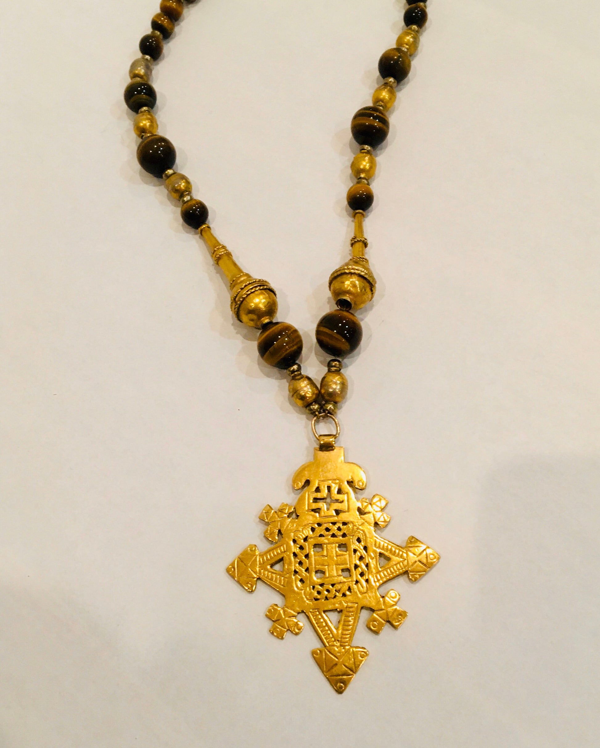 Vintage Tiger Eye Brass Beaded Long Statement Necklace / Artisan Made Pendant Estate Jewelry