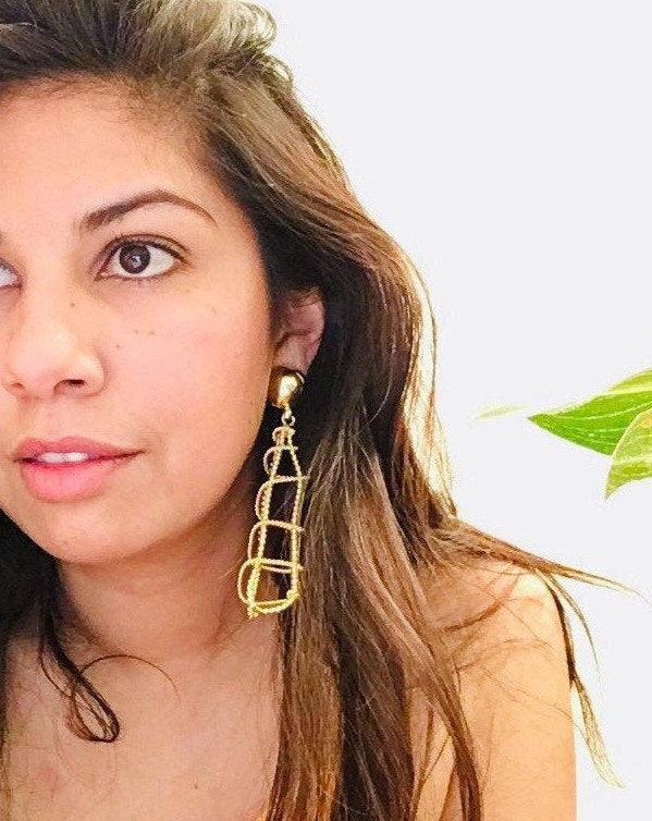 SALE 80s Oversized Gold Plated Earrings/ Cage Earrings/ RARE Glam Statement Earrings