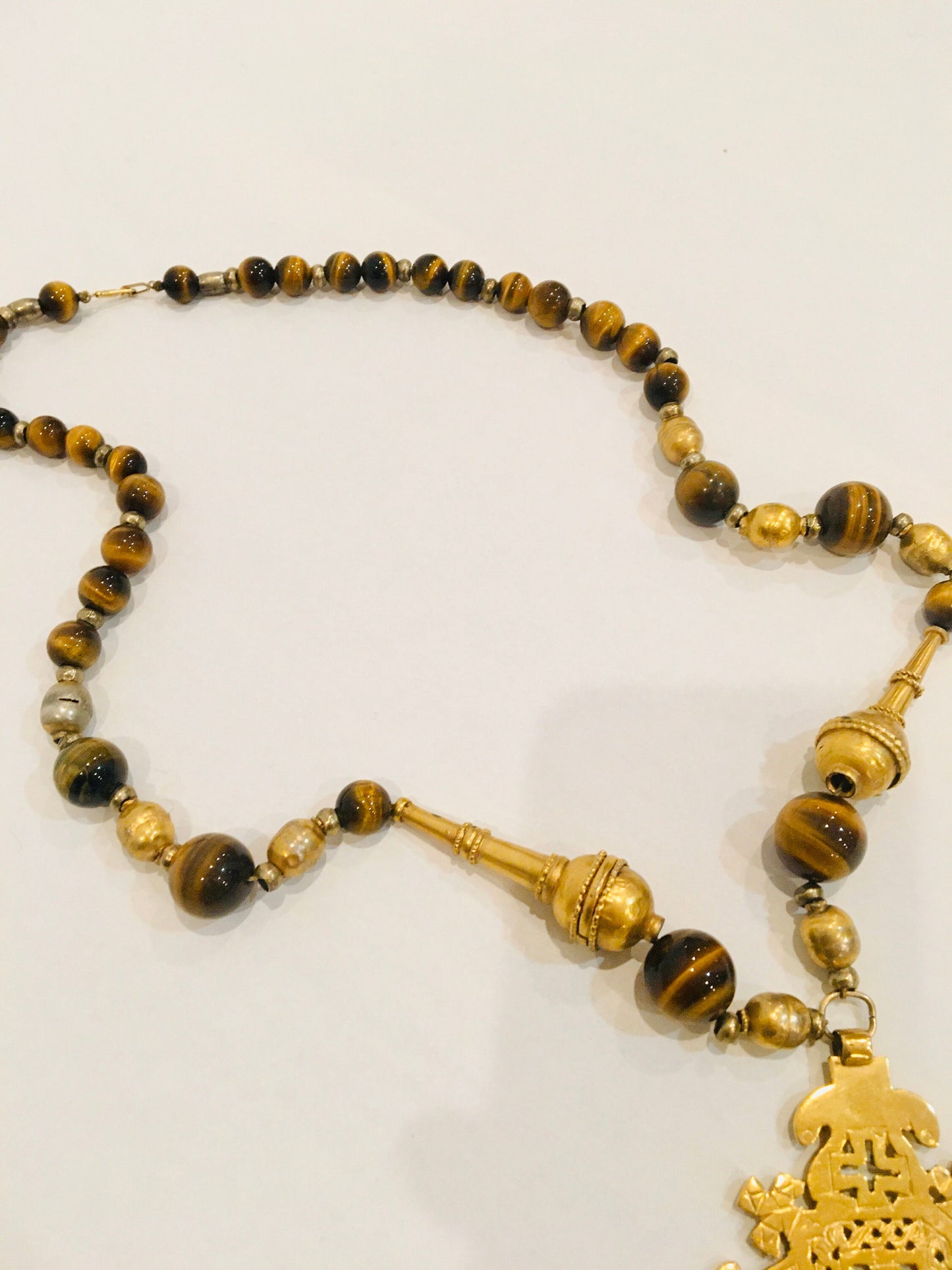 Vintage Tiger Eye Brass Beaded Long Statement Necklace / Artisan Made Pendant Estate Jewelry