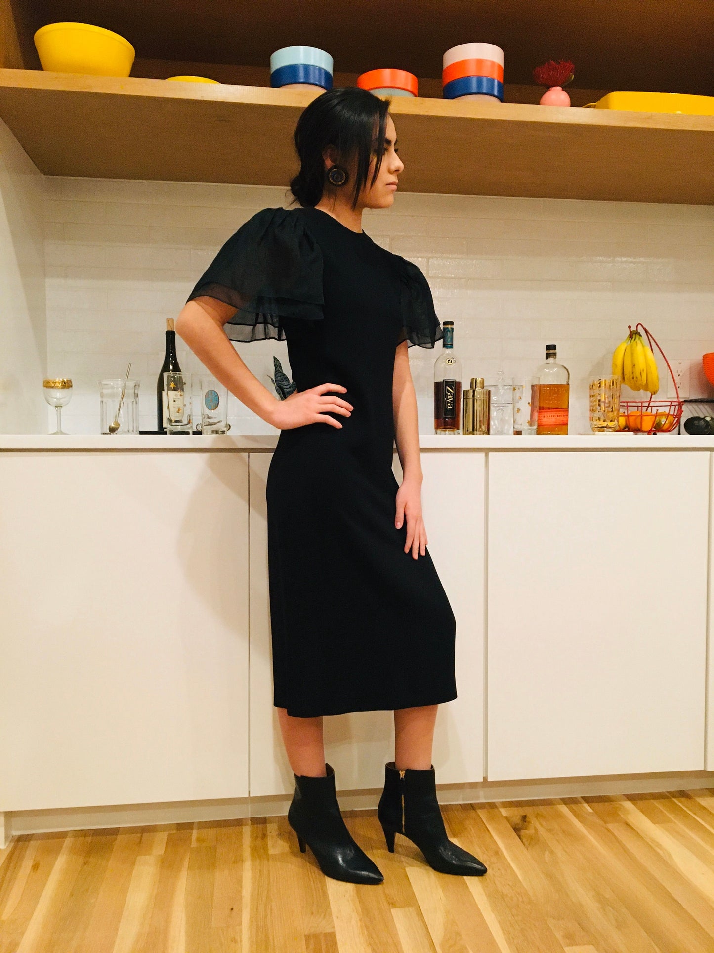 Small 80s Bill BLASS Black Crepe Sheath with Puffy Bell Organza Layered Sleeves LBD Party Dress