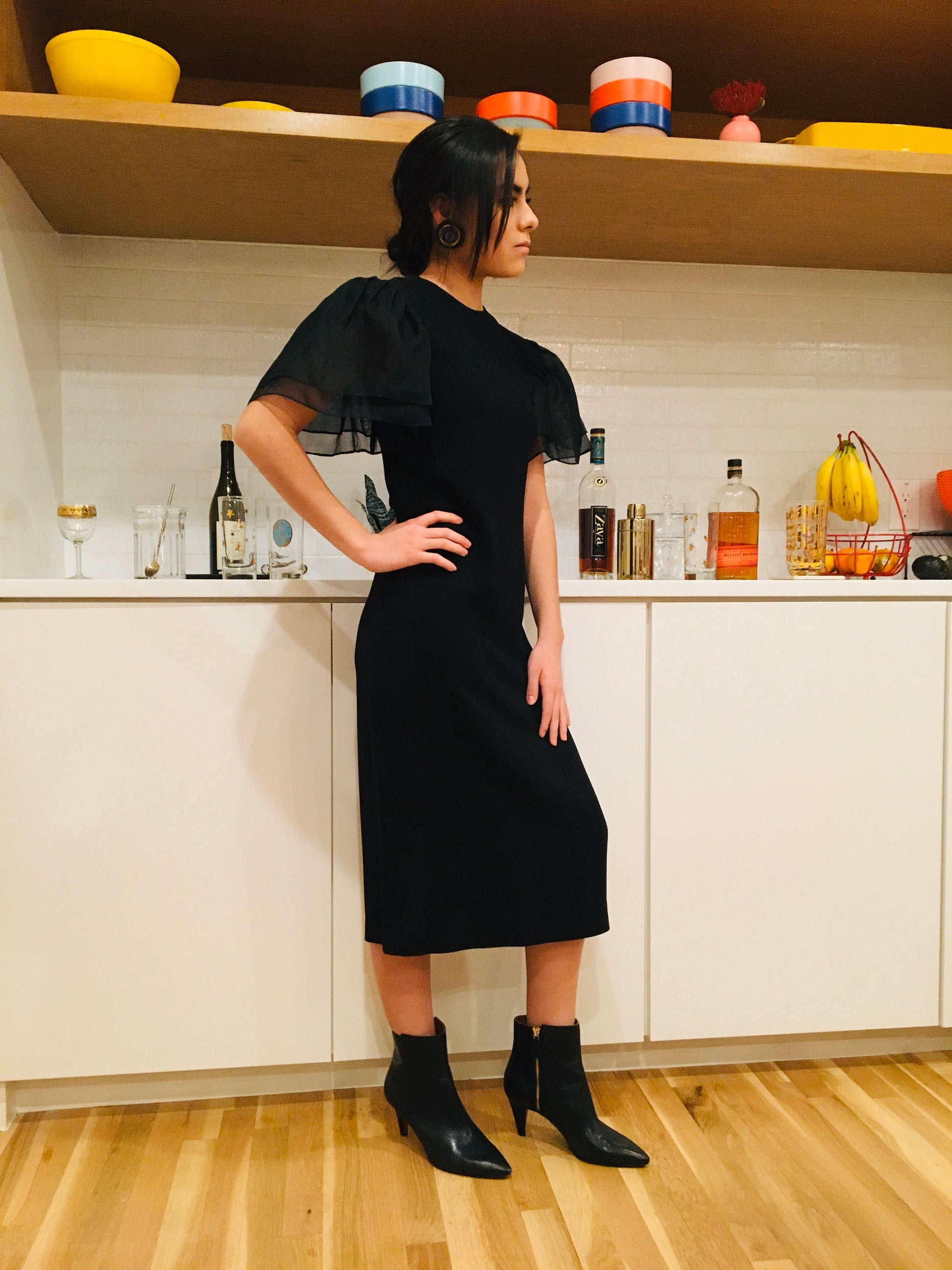 Small 80s Bill BLASS Black Crepe Sheath with Puffy Bell Organza Layered Sleeves LBD Party Dress