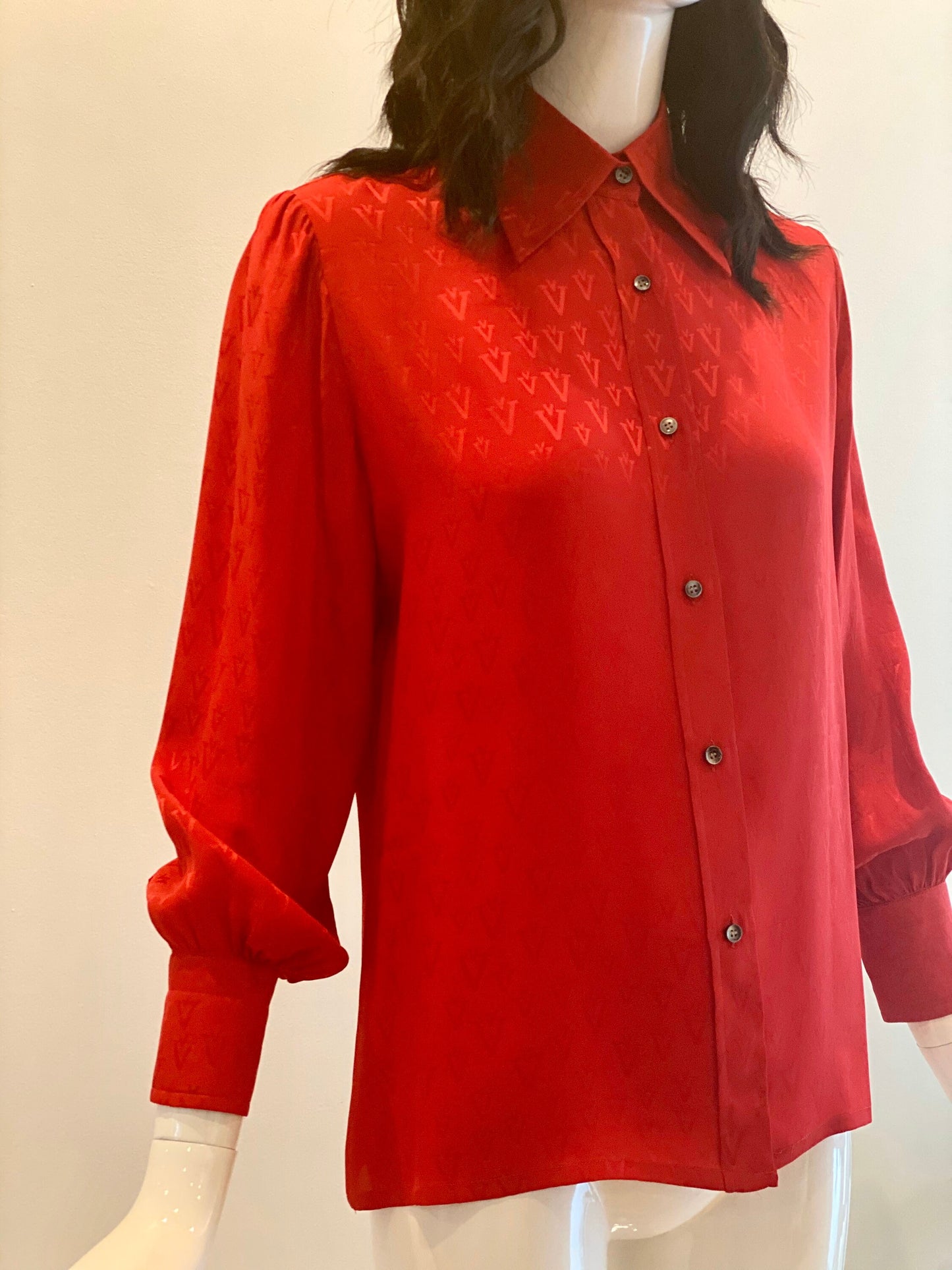 70s Valentino Red Silk Butterfly Collar Balloon Sleeves Blouse / Vintage Valentino Red Logo Puffy Sleeves Blouse / Large