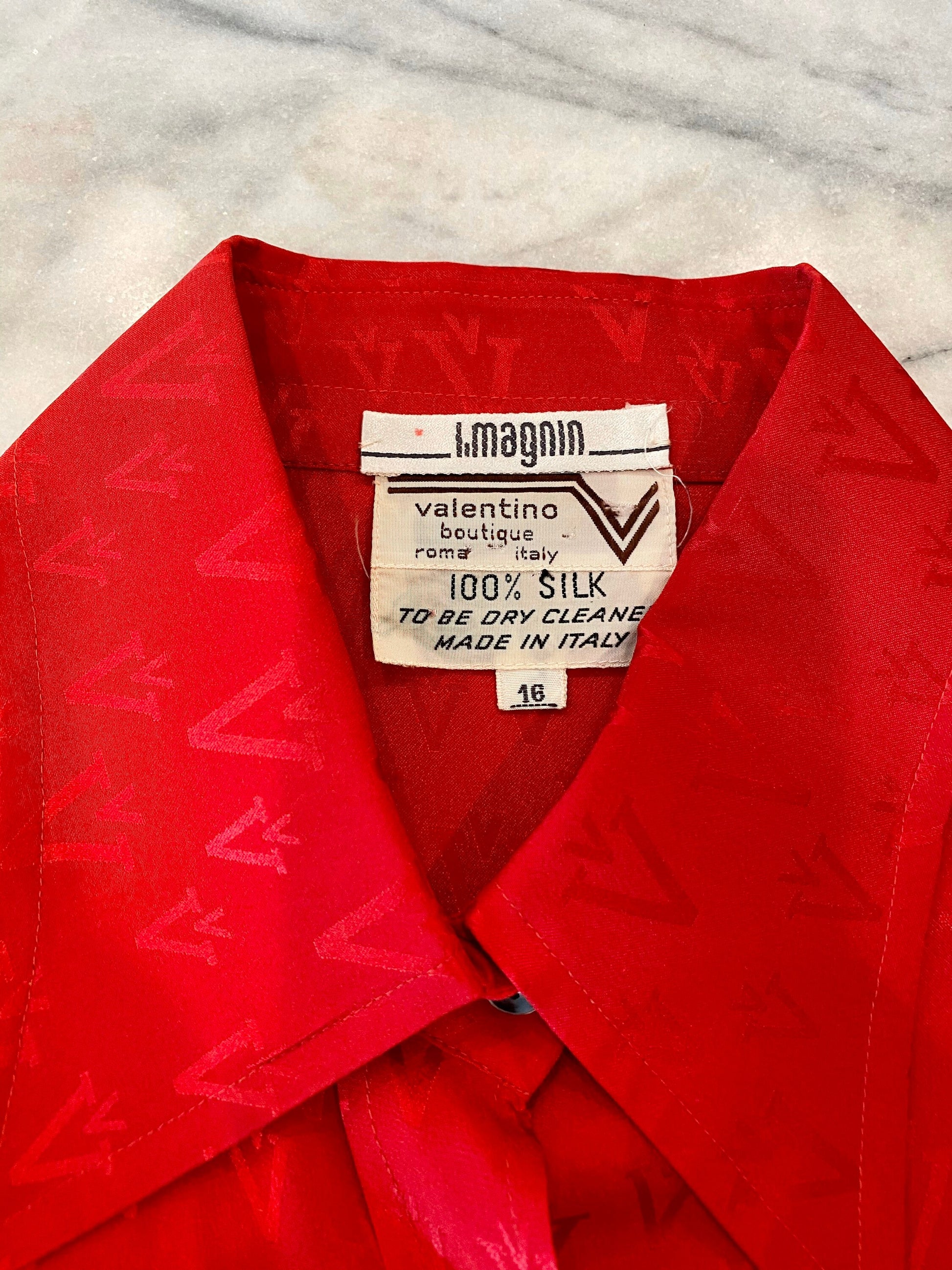 70s Valentino Red Silk Butterfly Collar Balloon Sleeves Blouse / Vintage Valentino Red Logo Puffy Sleeves Blouse / Large