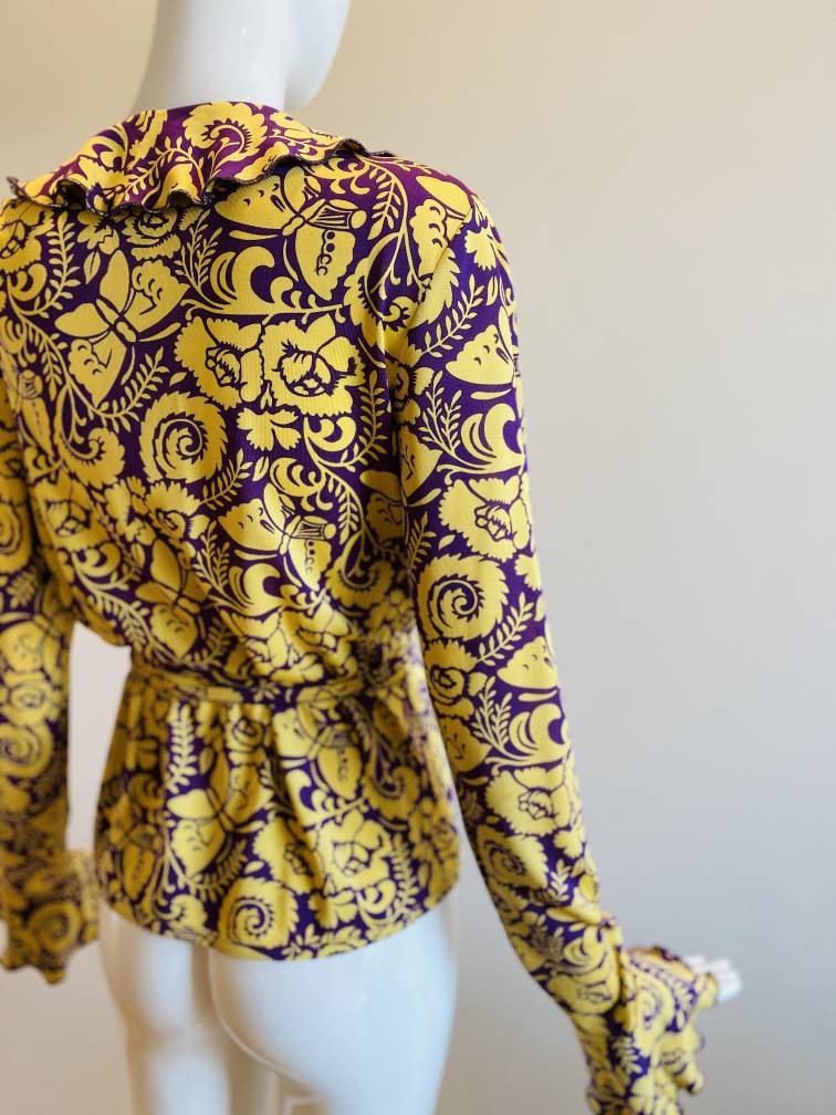 Vintage Herion1886 Yellow and Purple Silk Wrap Paisley Butterfly Print Ruffled Blouse Rare Italian Couture / Large