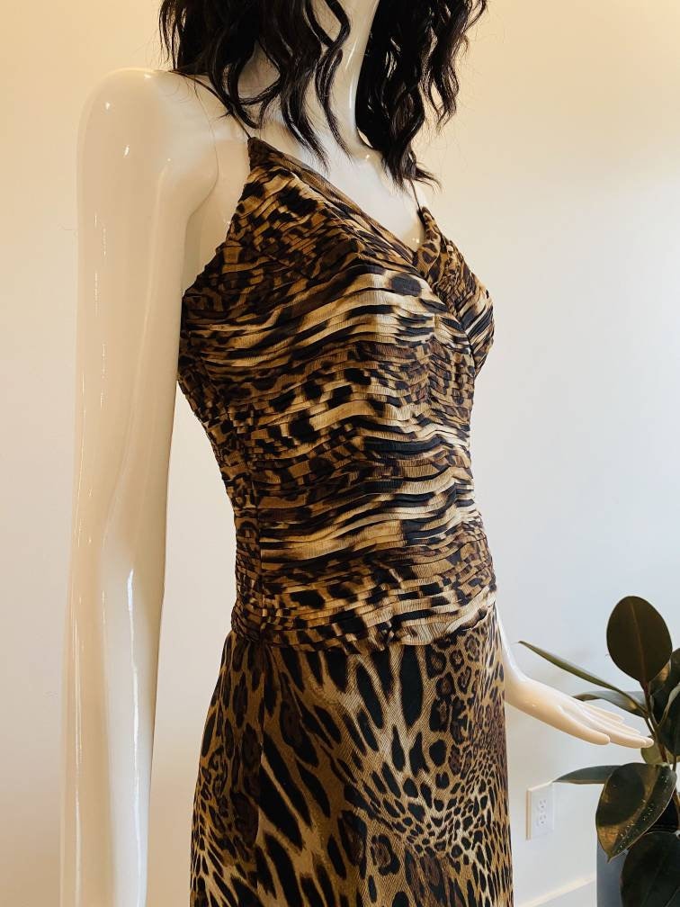 Sexy Animal Print Silk Maxi Spaghetti AStraps with Ruched Bodice Matching Shawl / Animal Print Silk Formal Dress